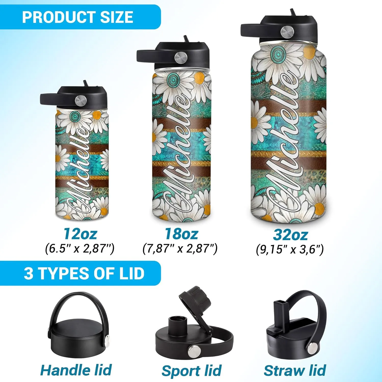 Hyturtle Personalized Gifts For Daisy Flower Lover - White Daisy Flower Print Custom Name Stainless Steel Water Bottle 12oz 18oz 32oz Stainless Steel Bottle With Straw Lid - Gifts For Her Women Girl