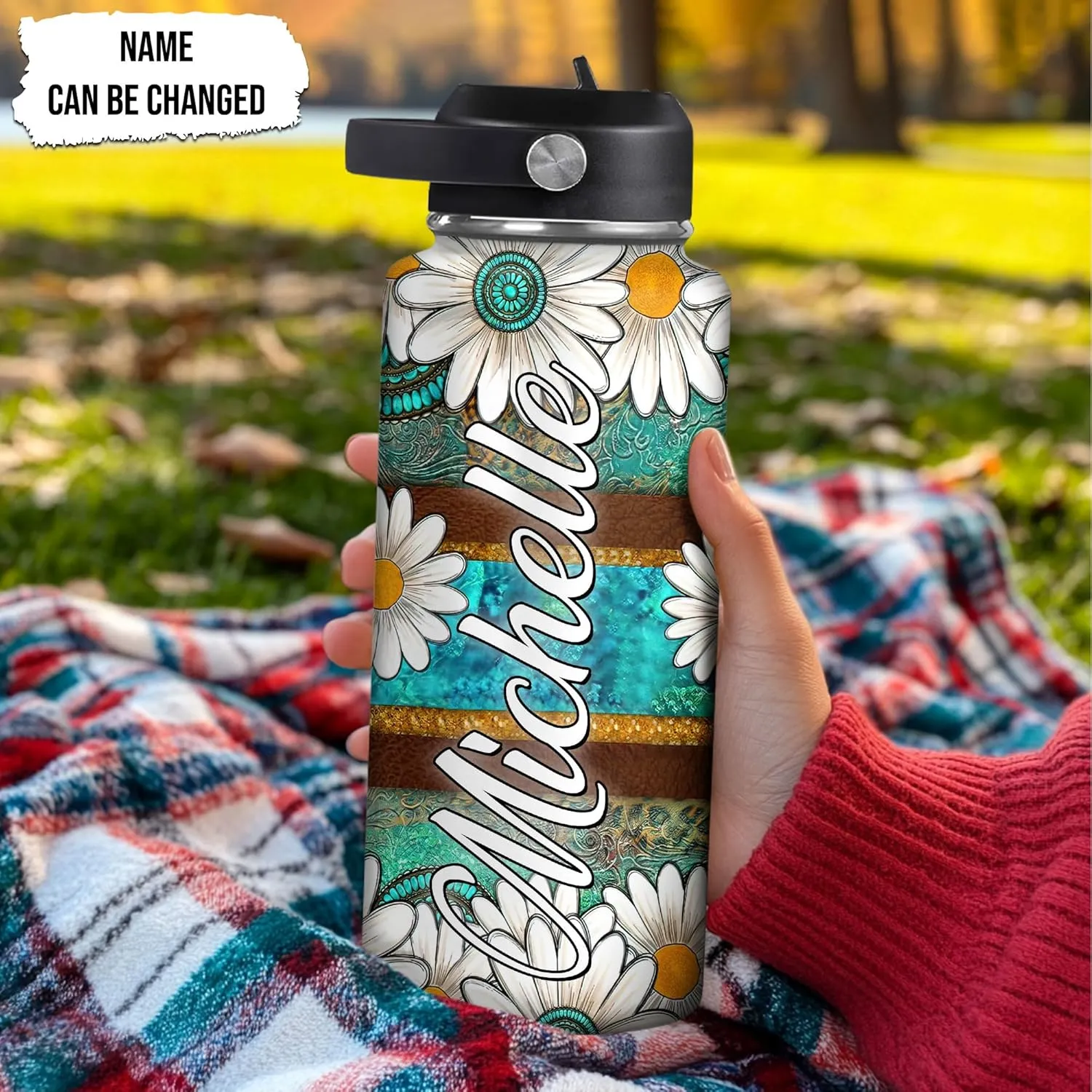 Hyturtle Personalized Gifts For Daisy Flower Lover - White Daisy Flower Print Custom Name Stainless Steel Water Bottle 12oz 18oz 32oz Stainless Steel Bottle With Straw Lid - Gifts For Her Women Girl