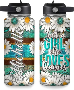 Hyturtle Personalized Gifts For Daisy Flower Lover - White Daisy Flower Print Custom Name Stainless Steel Water Bottle 12oz 18oz 32oz Stainless Steel Bottle With Straw Lid - Gifts For Her Women Girl