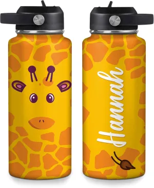 Hyturtle Personalized Giraffe Water Bottle - Custom Name Insulated Stainless Steel Bottle with Leak-Proof Lid 18oz 32oz - Animal Lover Gift for Women Girls Giraffe Lovers - Birthday & Christmas Gift