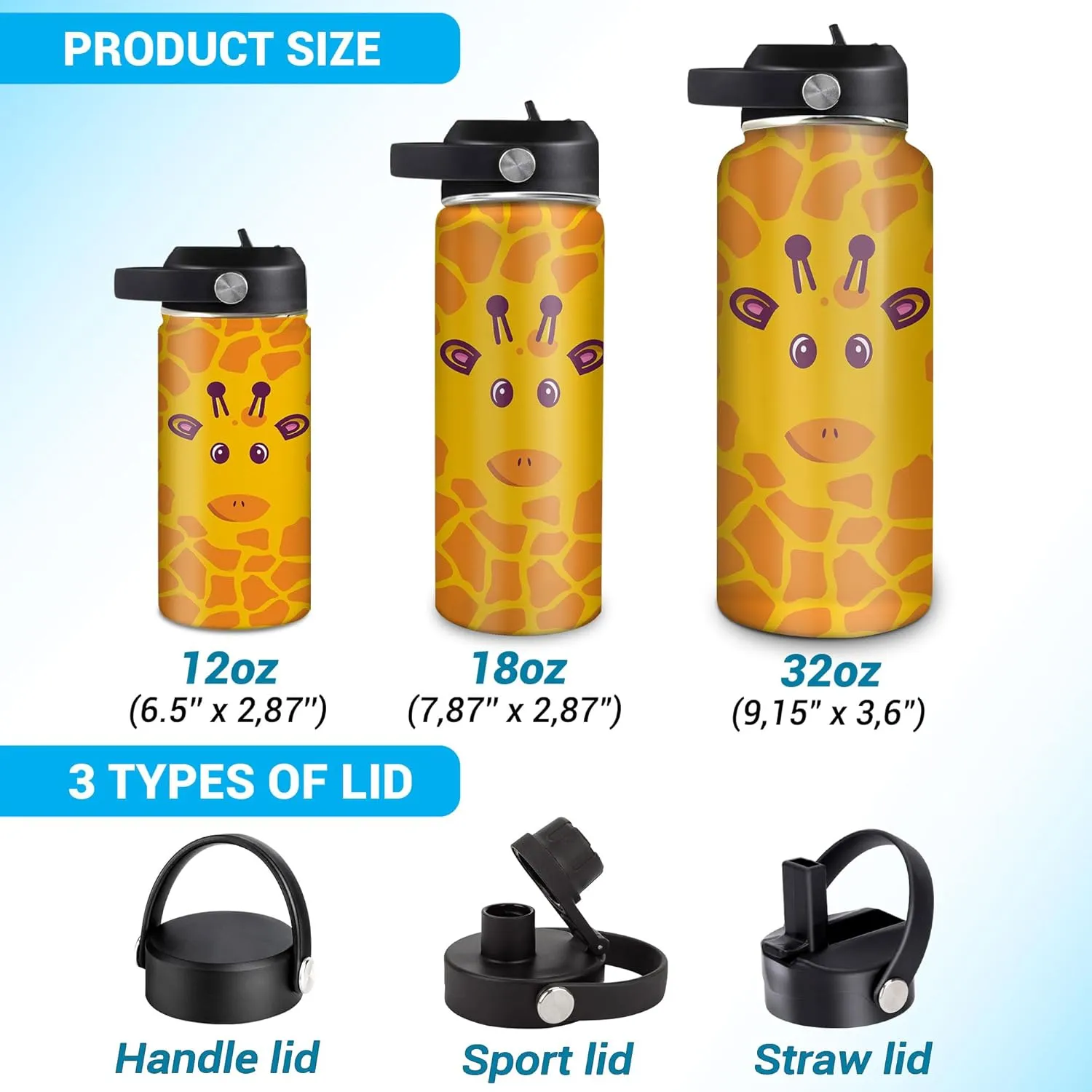 Hyturtle Personalized Giraffe Water Bottle - Custom Name Insulated Stainless Steel Bottle with Leak-Proof Lid 18oz 32oz - Animal Lover Gift for Women Girls Giraffe Lovers - Birthday & Christmas Gift
