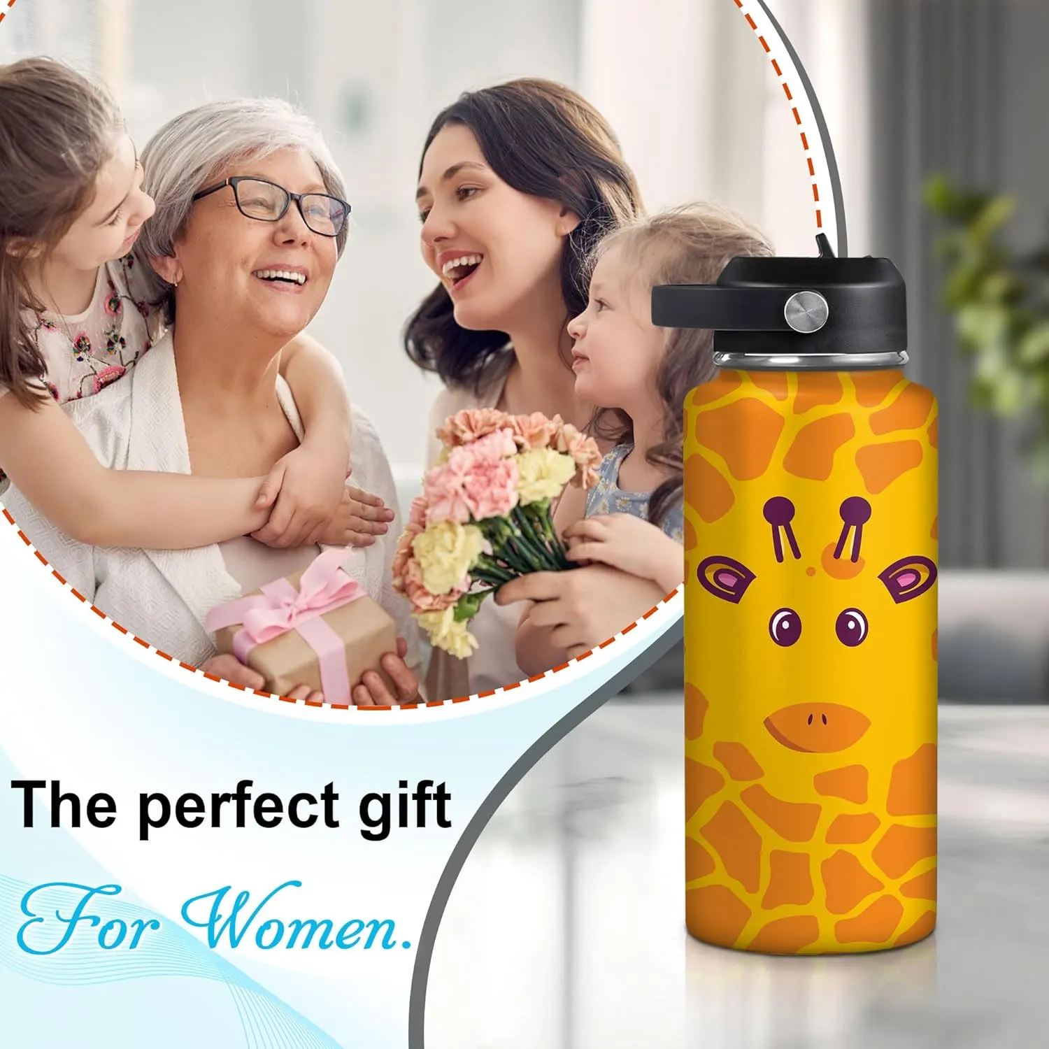 Hyturtle Personalized Giraffe Water Bottle - Custom Name Insulated Stainless Steel Bottle with Leak-Proof Lid 18oz 32oz - Animal Lover Gift for Women Girls Giraffe Lovers - Birthday & Christmas Gift