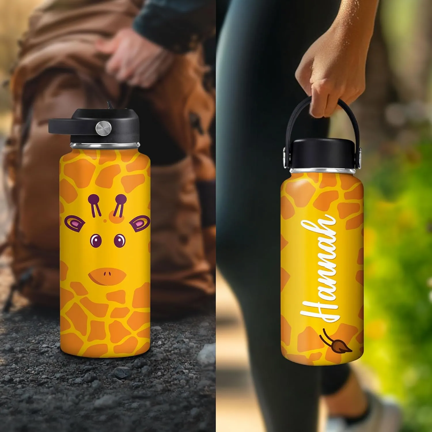 Hyturtle Personalized Giraffe Water Bottle - Custom Name Insulated Stainless Steel Bottle with Leak-Proof Lid 18oz 32oz - Animal Lover Gift for Women Girls Giraffe Lovers - Birthday & Christmas Gift