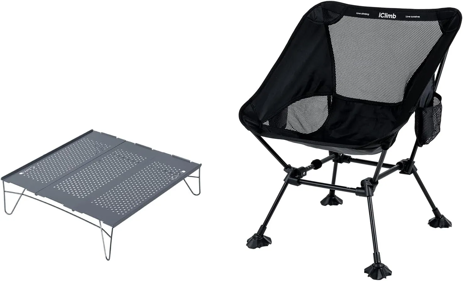 iClimb 1 Solo Mini Folding Table and 1 Anti-Sinking Large Feet Chair Bundle, Ultralight Compact for Adults Outdoor Picnic Camping Backpacking Hiking Beach Concert