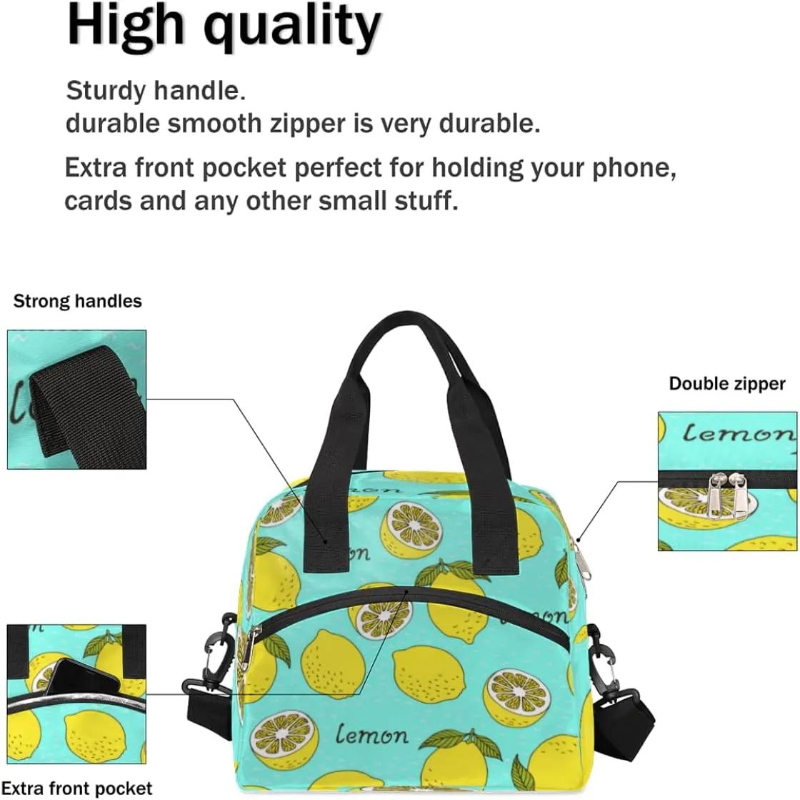 Imaginative Lemon Insulated Lunch Bag for Women Men, Reusable Lunch Box Container with Adjustable Shoulder Strap Large Leakproof Thermal Lunch Cooler Bag for Adult Work Picnic Office