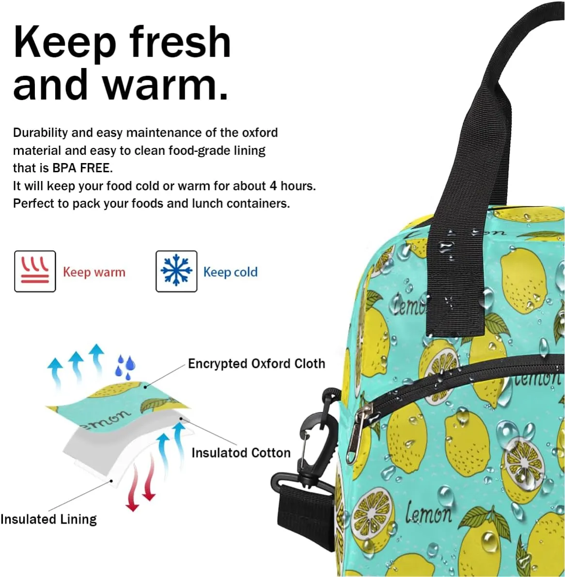 Imaginative Lemon Insulated Lunch Bag for Women Men, Reusable Lunch Box Container with Adjustable Shoulder Strap Large Leakproof Thermal Lunch Cooler Bag for Adult Work Picnic Office