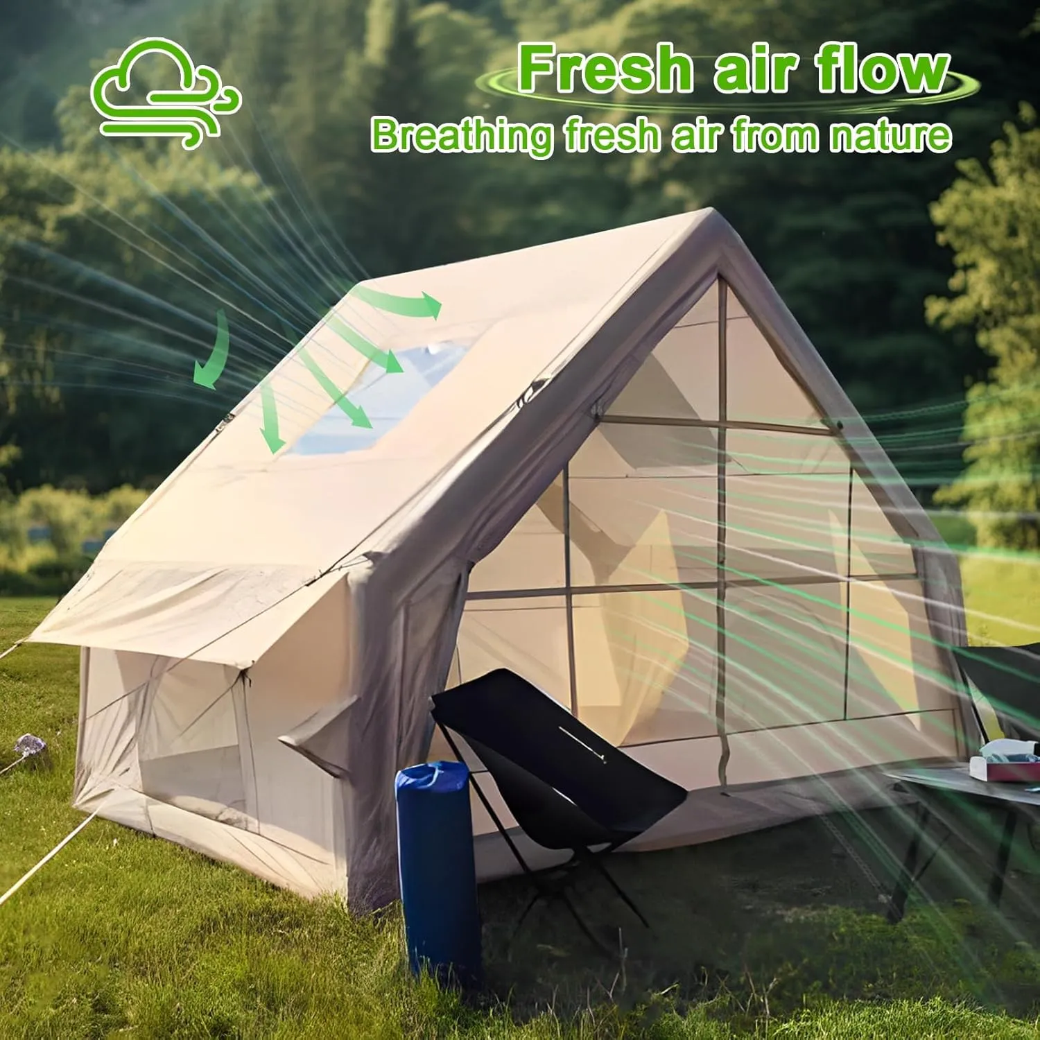 Inflatable Camping Tent for 1-6 People with Easy Setup & Waterproof Design, 4 Seasons Blow-up Air Tent with Windproof Construction, Family Glamping Tent House for Outdoor Adventures