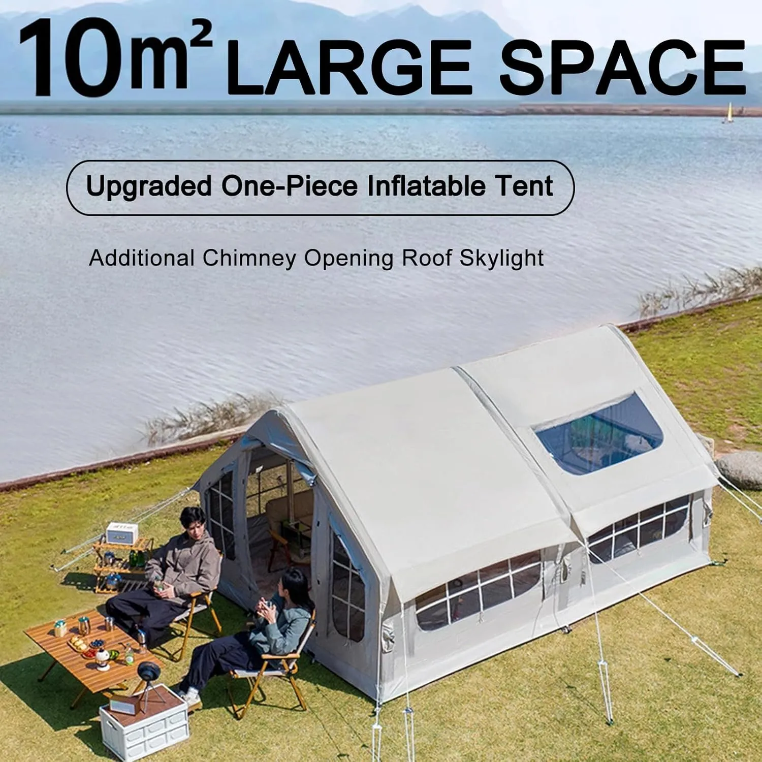 Inflatable Camping Tent,10㎡ Blow Up Tents 4-6-8 Man Large Family Air Tent with Stove Jack,Waterproof 4-Season Large Glamping Pump Up Tents,6 Mesh Screen Windows 1 Doors,Easy Setup