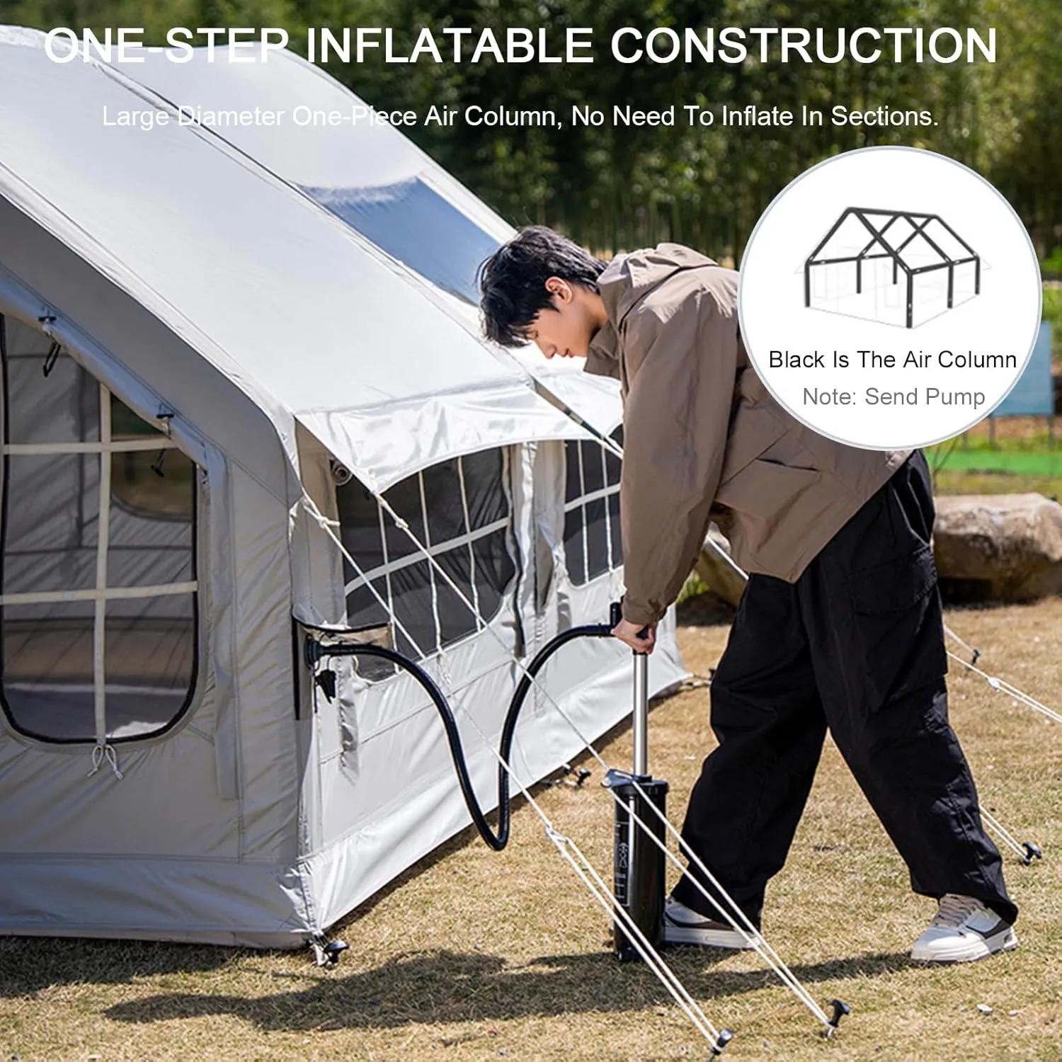 Inflatable Camping Tent,10㎡ Blow Up Tents 4-6-8 Man Large Family Air Tent with Stove Jack,Waterproof 4-Season Large Glamping Pump Up Tents,6 Mesh Screen Windows 1 Doors,Easy Setup