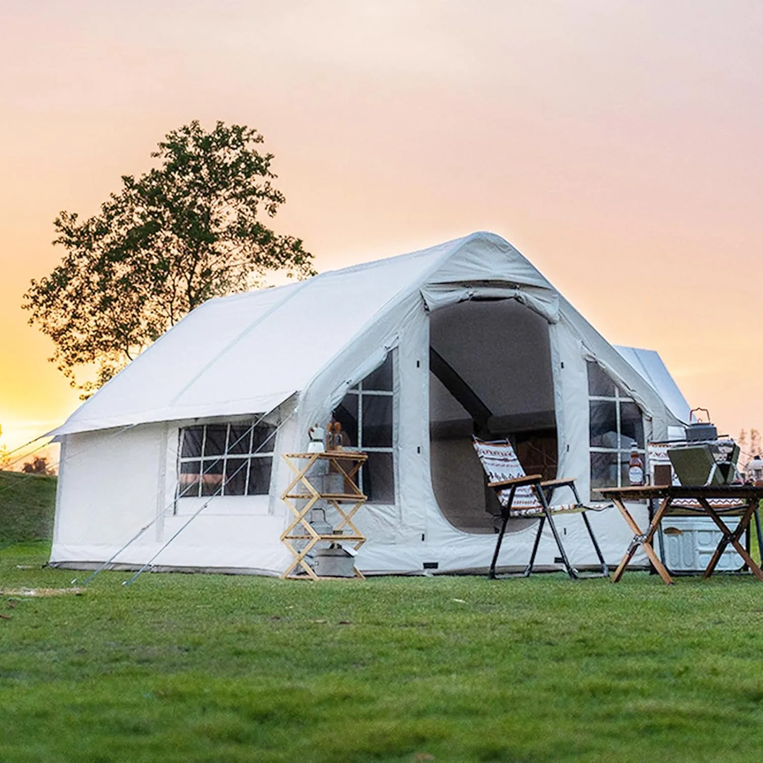 Inflatable Camping Tent,10㎡ Blow Up Tents 4-6-8 Man Large Family Air Tent with Stove Jack,Waterproof 4-Season Large Glamping Pump Up Tents,6 Mesh Screen Windows 1 Doors,Easy Setup