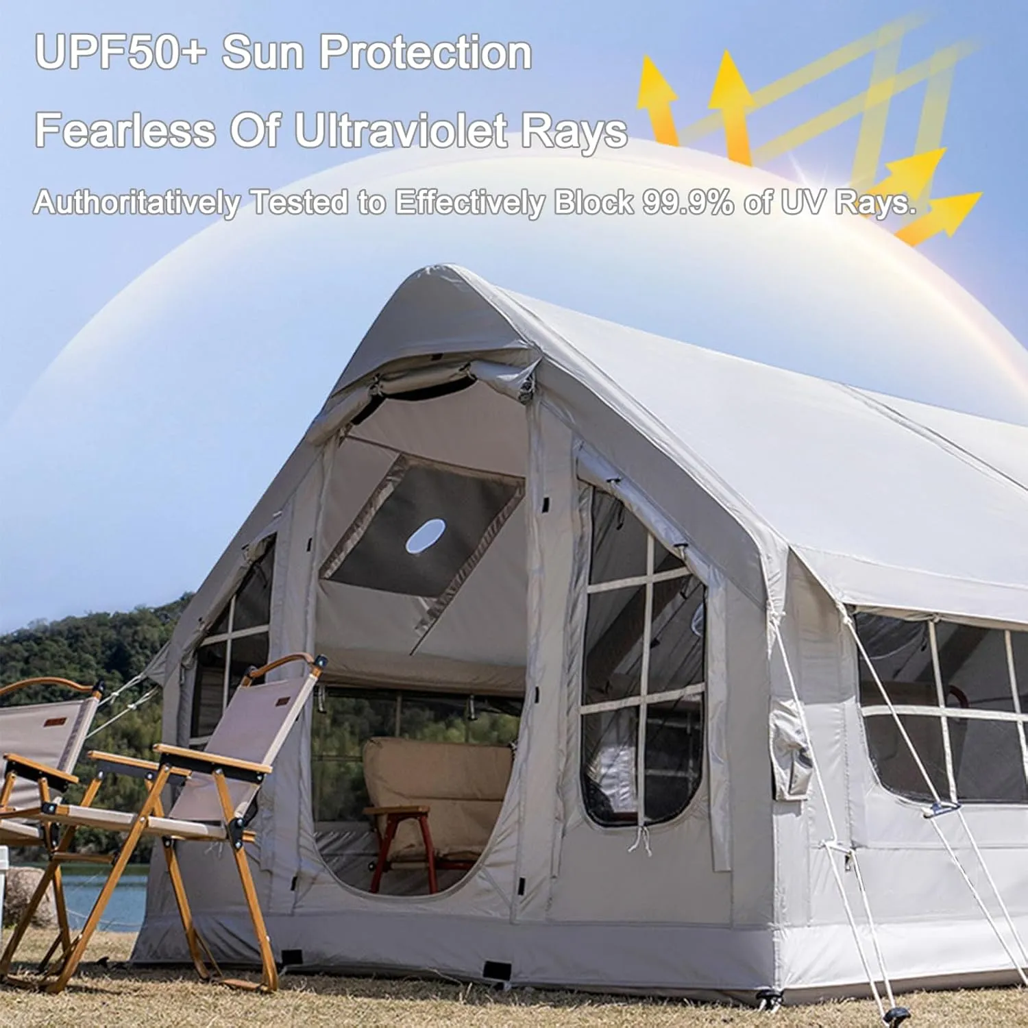 Inflatable Camping Tent,10㎡ Blow Up Tents 4-6-8 Man Large Family Air Tent with Stove Jack,Waterproof 4-Season Large Glamping Pump Up Tents,6 Mesh Screen Windows 1 Doors,Easy Setup