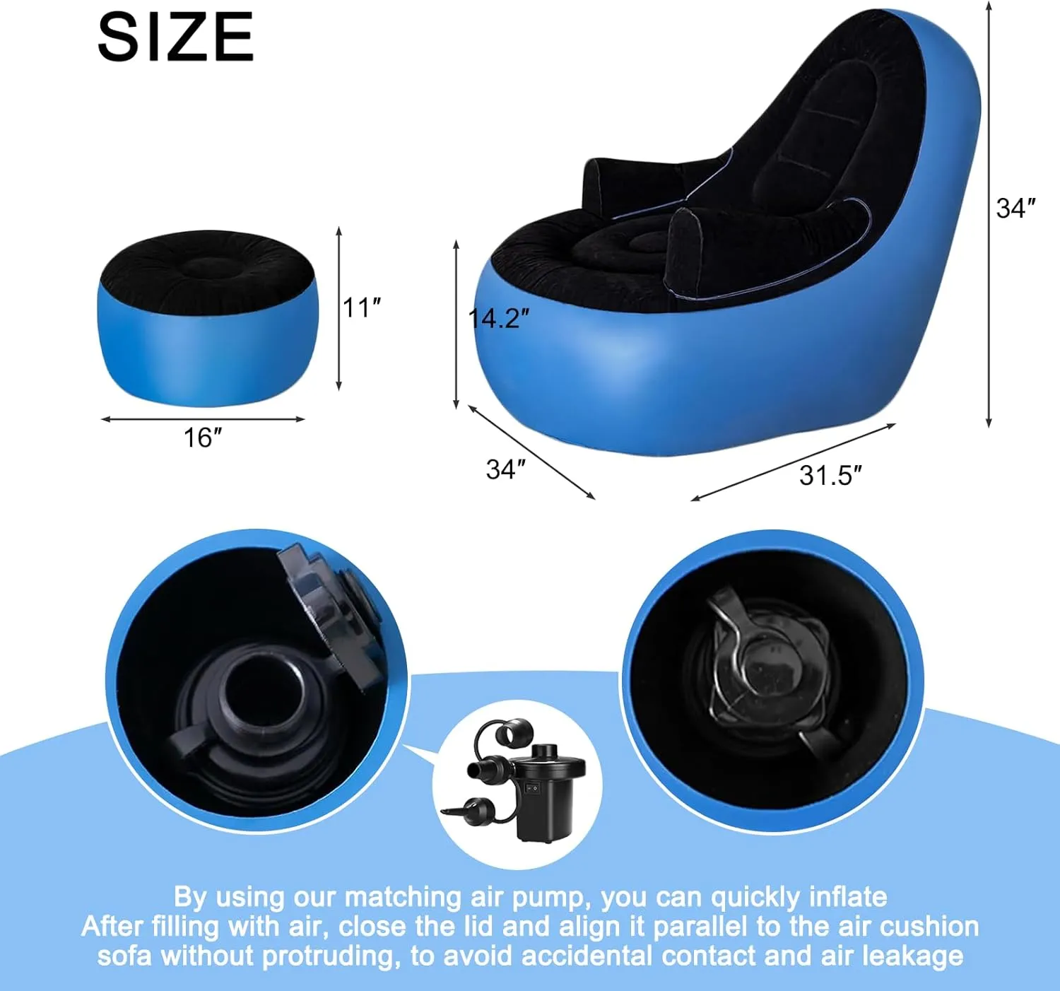 Inflatable Deck Chairs with Air Pump, Inflatable Patio Lounge Chairs for Indoor Living Room Bedroom, Outdoor Travel Camping Picnic Beach Chaise Lounges (Black Blue)