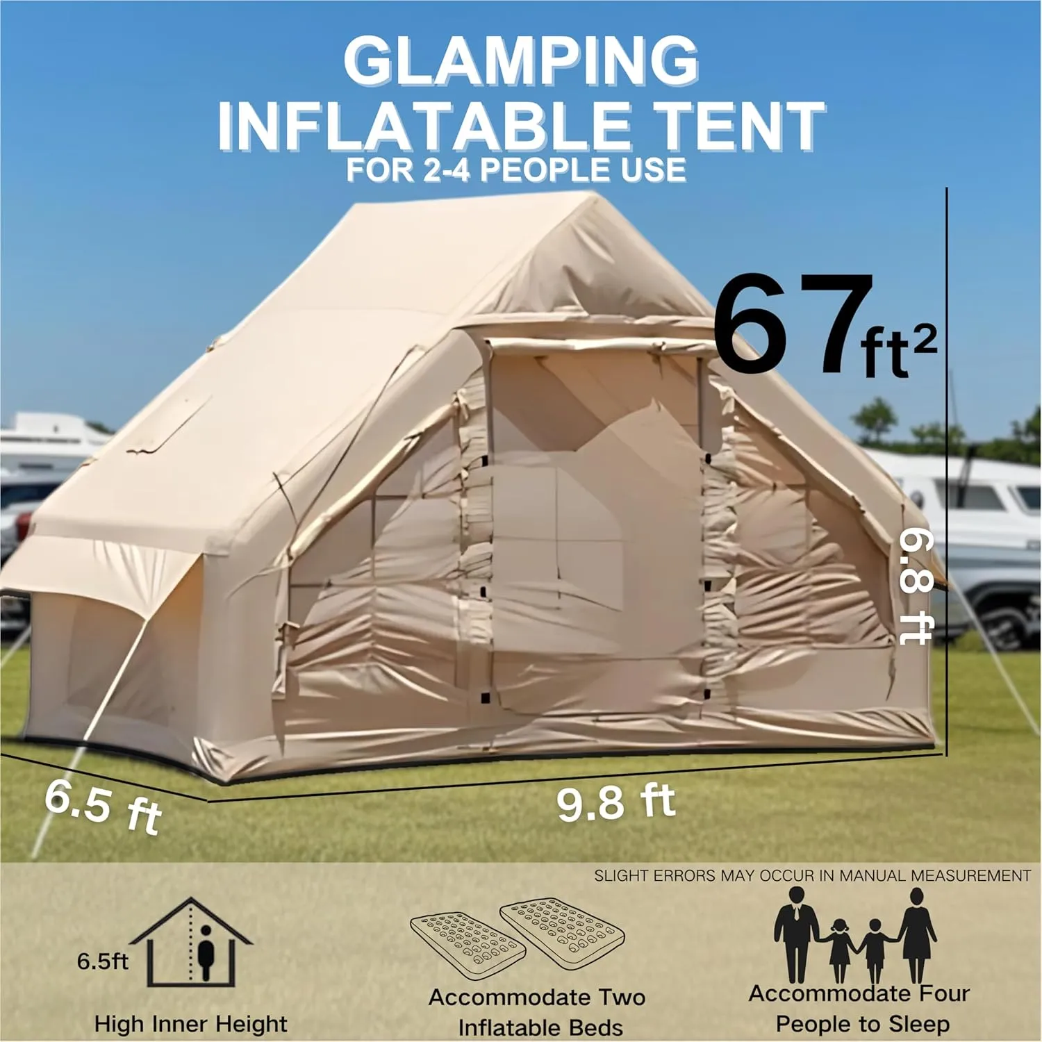 Inflatable Tent, Outdoor Easy Setup Inflatable Tents for Camping, Portable Blow Up Tent with Stove Jack, Cotton Canvas Material for Glamping, for 4 Season, 4/6/8 Person Use