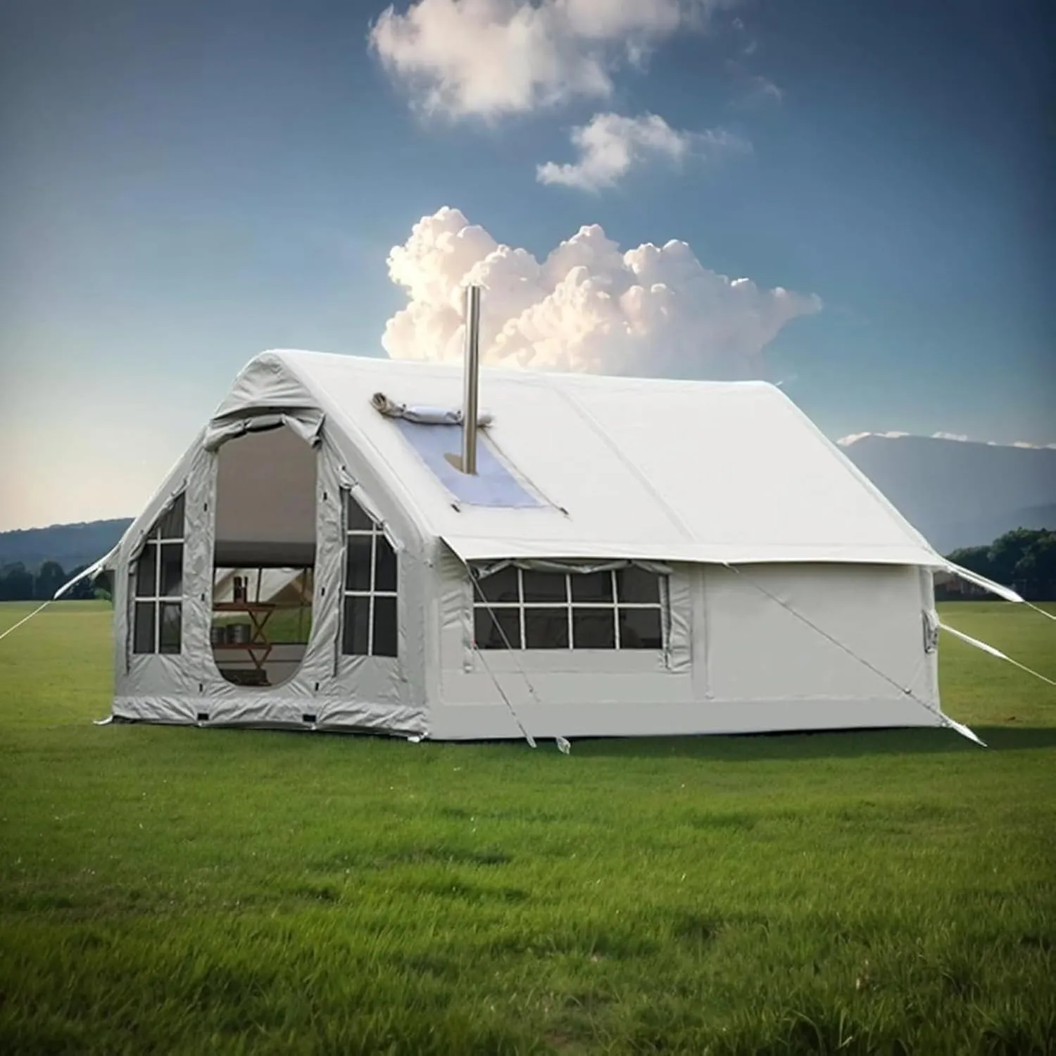 Inflatable Tent with Air Pump, 6-8 Person Family Cabin Tents with Stove Jack, 4 Season Luxury Inflatable Camping House Tent, Easy Setup, Large Blow Up Tents for Outdoor