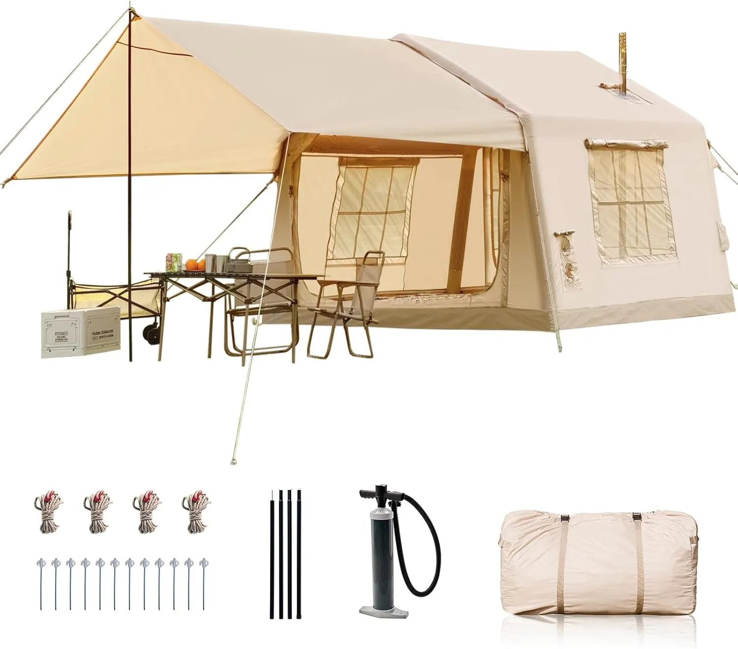 Inflatable Tents for Camping, Blow Up Tent with Hand Pump, Easy Setup Inflatable Hot Tent with Stove Jack, Waterproof Oxford Air Glamping Tents for Camping Adult 4-6 Person