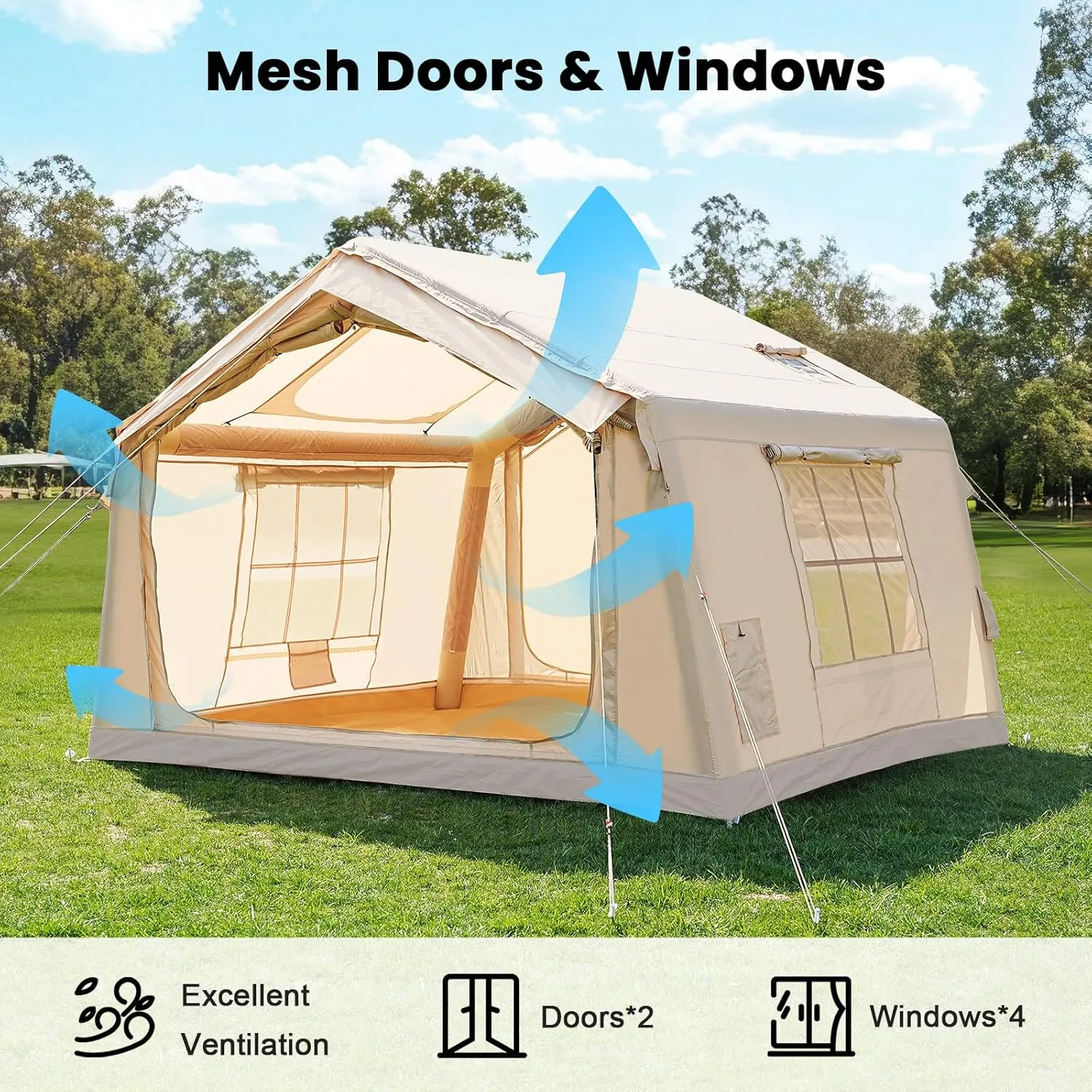 Inflatable Tents for Camping, Blow Up Tent with Hand Pump, Easy Setup Inflatable Hot Tent with Stove Jack, Waterproof Oxford Air Glamping Tents for Camping Adult 4-6 Person