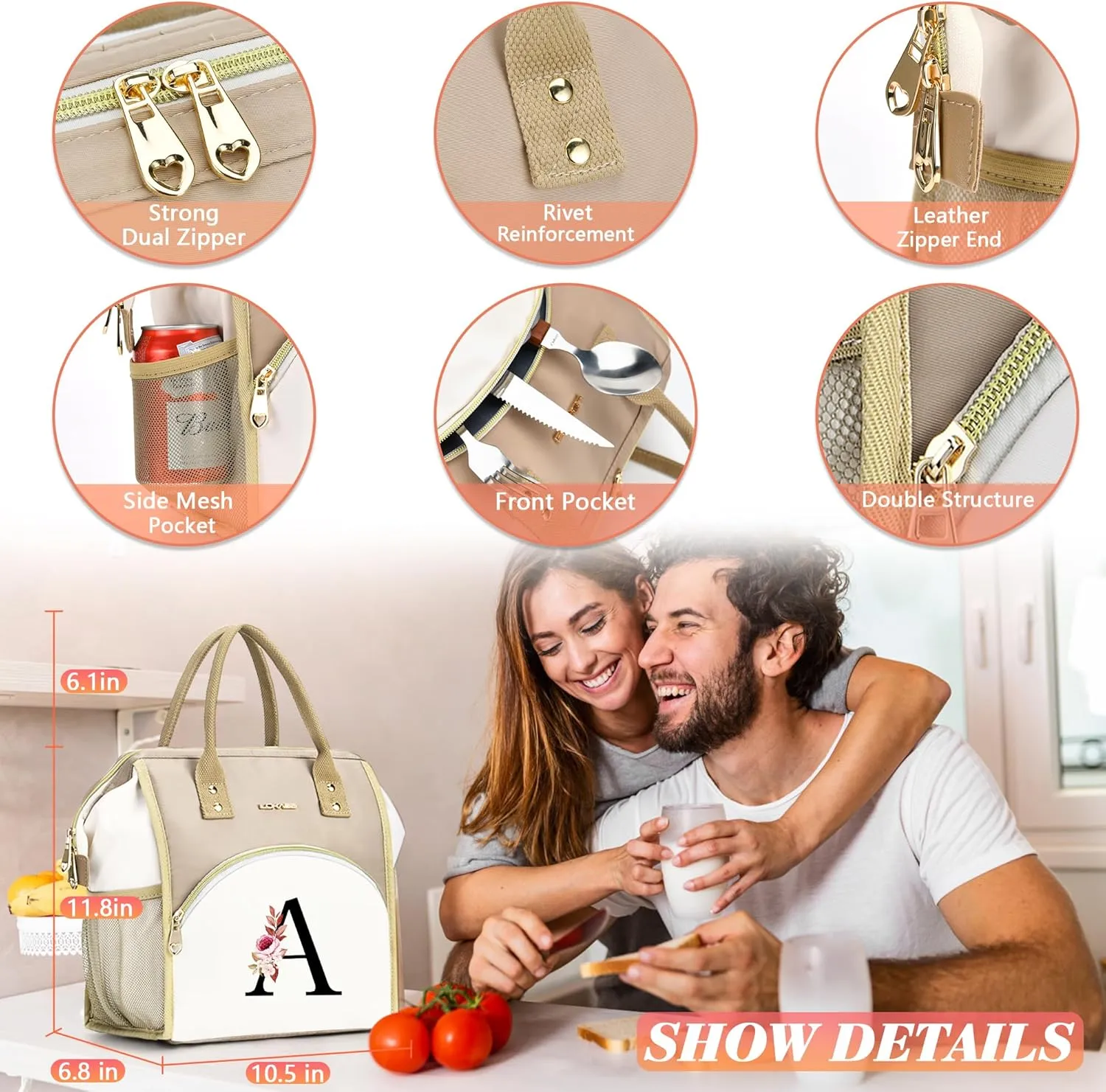 Initial Lunch Bag Women, Cooler Insulated Lunch Bag, Large Adult Leakproof Lunch Box for Picnic Work, Personalized Tote Bag, Birthday Gifts/Mother's Day Gifts, Letter A.
