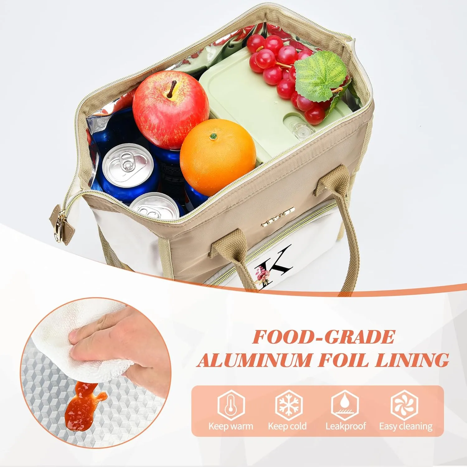 Initial Lunch Bag Women, Cooler Insulated Lunch Bag, Large Adult Leakproof Lunch Box for Picnic Work, Personalized Tote Bag, Birthday Gifts/Mother's Day Gifts, Letter A.
