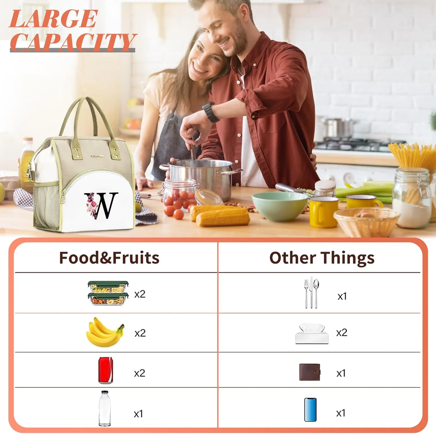 Initial Lunch Bag Women, Cooler Insulated Lunch Bag, Large Adult Leakproof Lunch Box for Picnic Work, Personalized Tote Bag, Birthday Gifts/Mother's Day Gifts, Letter A.