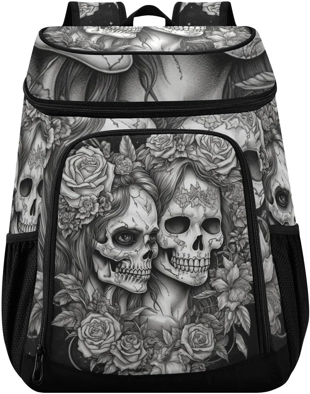 Insulated Cooler Backpack Black White Skulls Floral Print, Leakproof Light Weight 36 Cans Beach Backpack for Camping Picnic Hiking 13×7.9×16.9 in