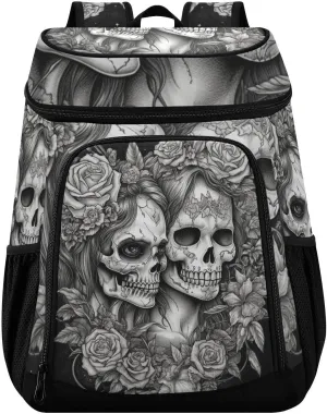 Insulated Cooler Backpack Black White Skulls Floral Print, Leakproof Light Weight 36 Cans Beach Backpack for Camping Picnic Hiking 13×7.9×16.9 in