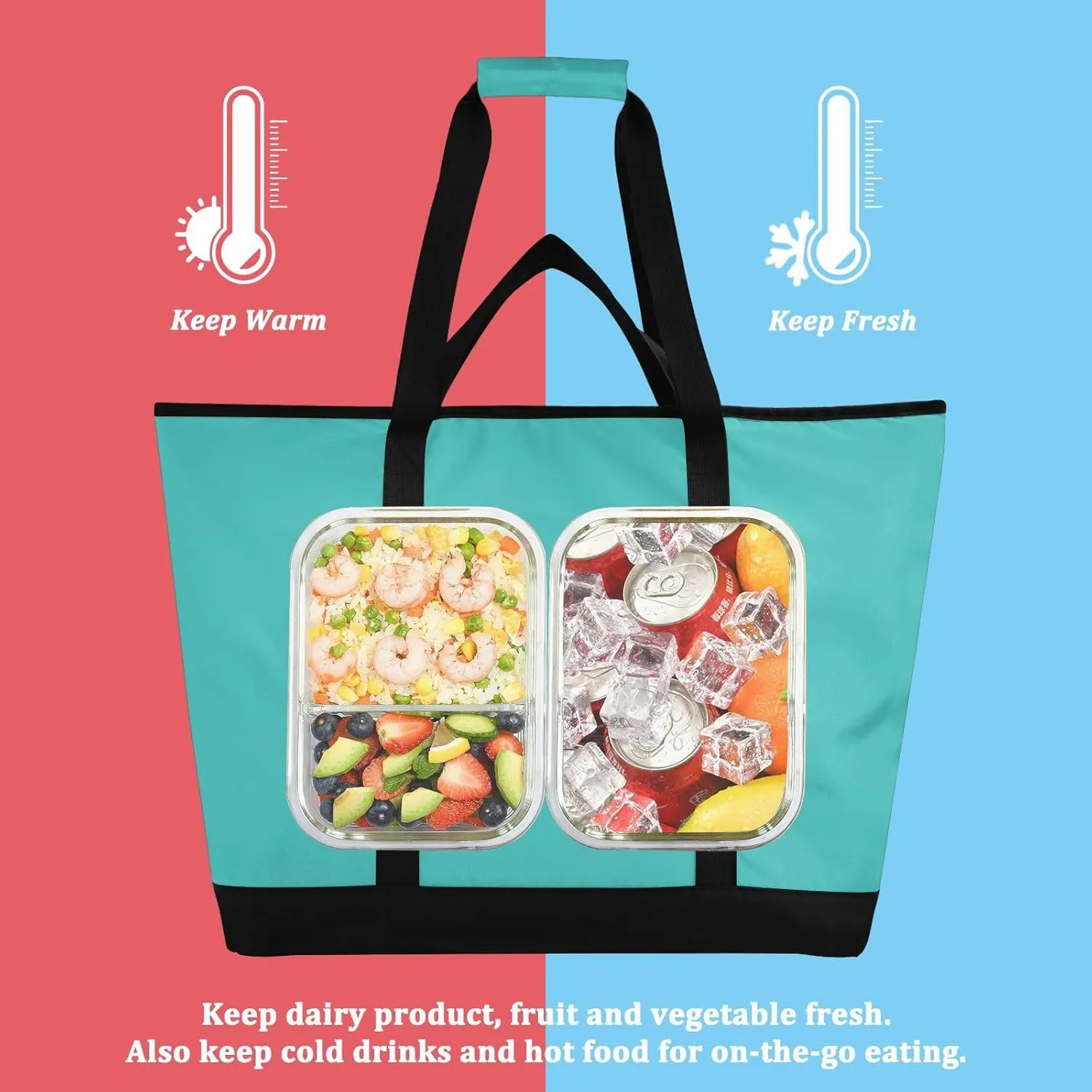 Insulated Cooler Bag with Zipper Hot or Cold Carrier Portable Travel Insulated Bag for Shopping Food Travel Beach Camping