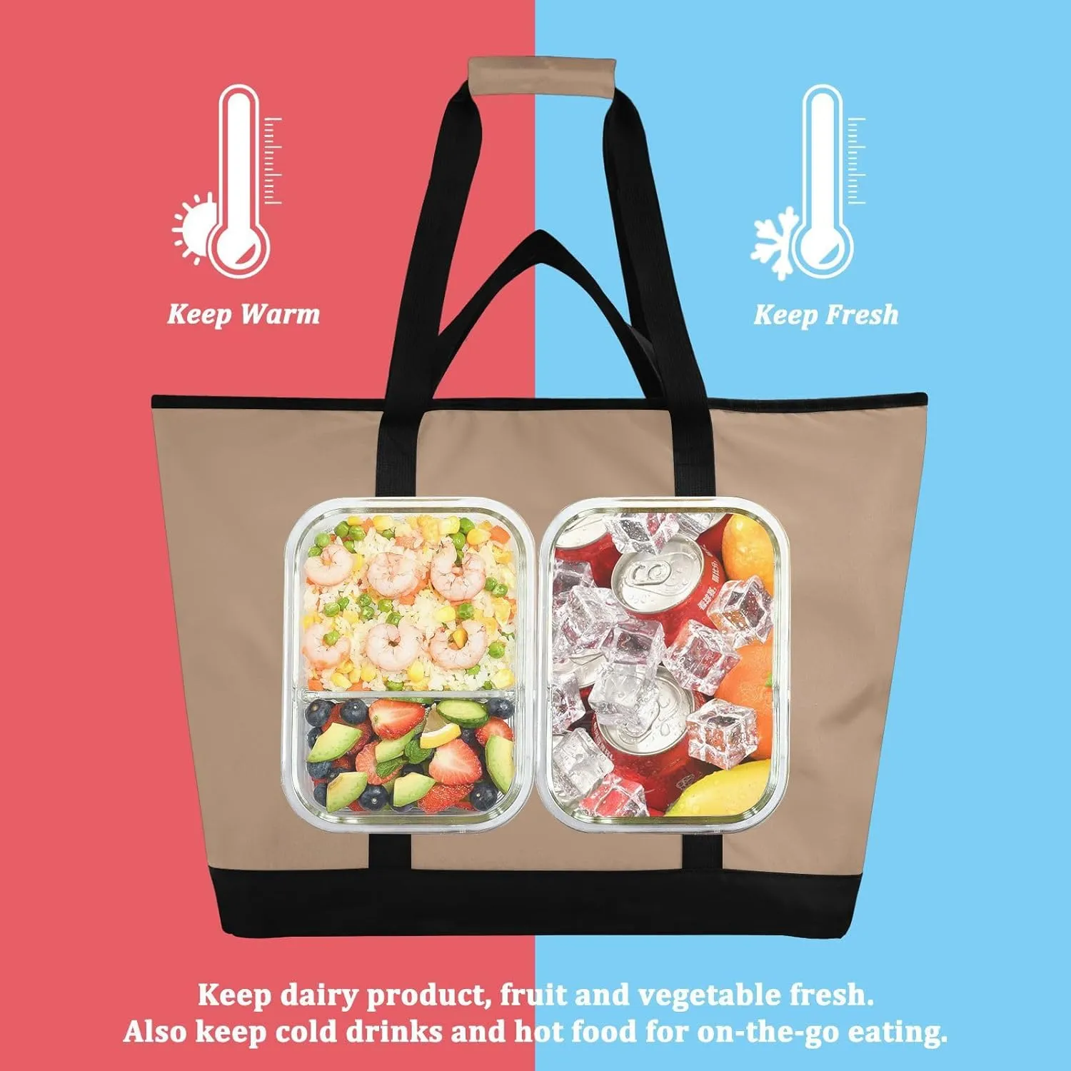 Insulated Cooler Bag with Zipper Hot or Cold Carrier Portable Travel Insulated Bag for Shopping Food Travel Beach Camping