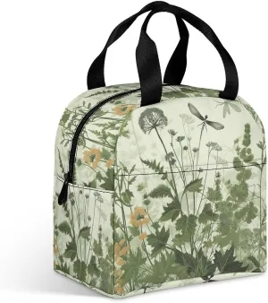 Insulated Lunch Bag,Herbs with Dragonflies Print Lunch Tote Bag,leakproof Thermal Cooler Sack Food Handbags