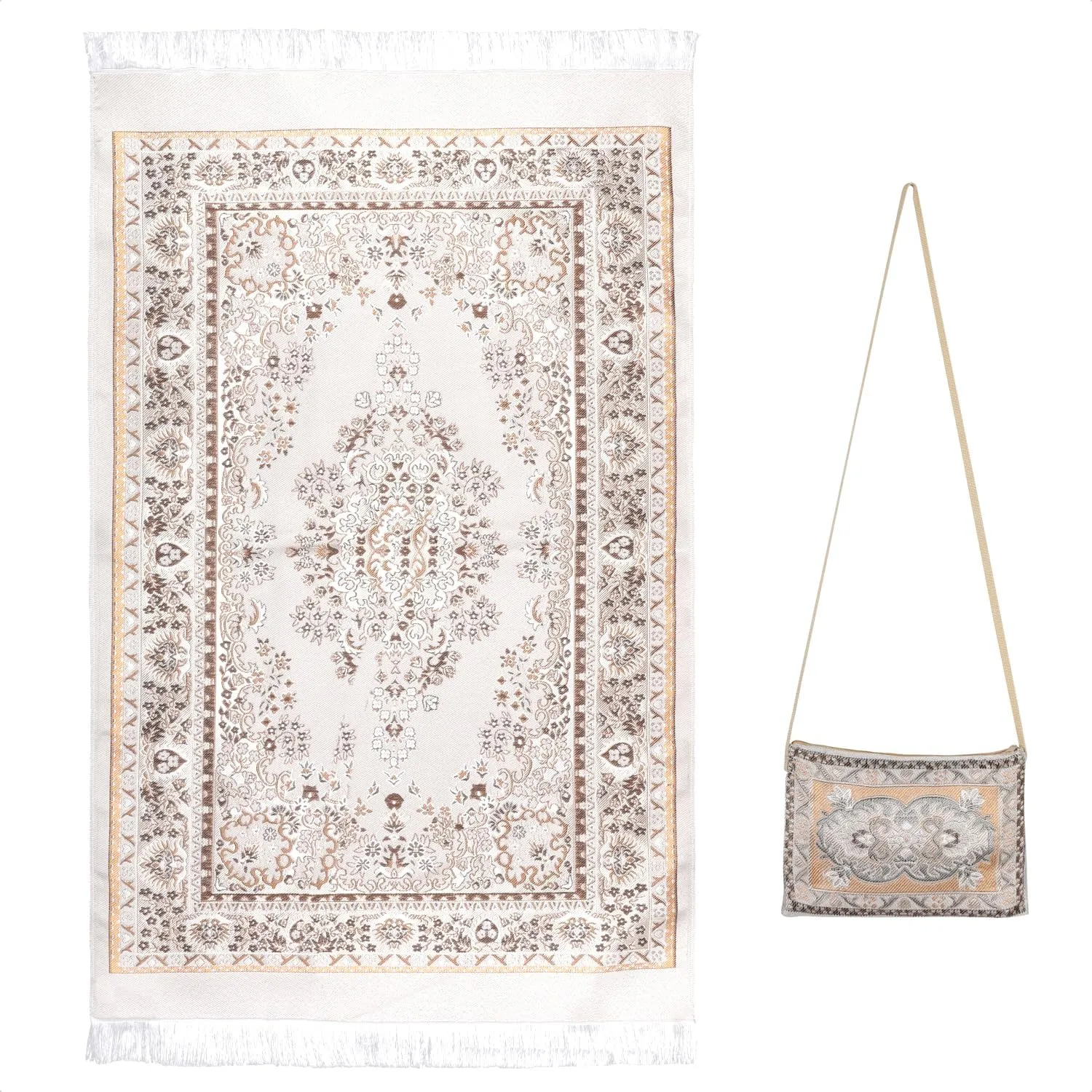 Islamic Prayer Rug Mat - Thick Padded Sajadah for Men Women with Prayer Beads and Bag - Ideal for Eid, Travel, and Ramadan - Soft and Luxurious, Yellow