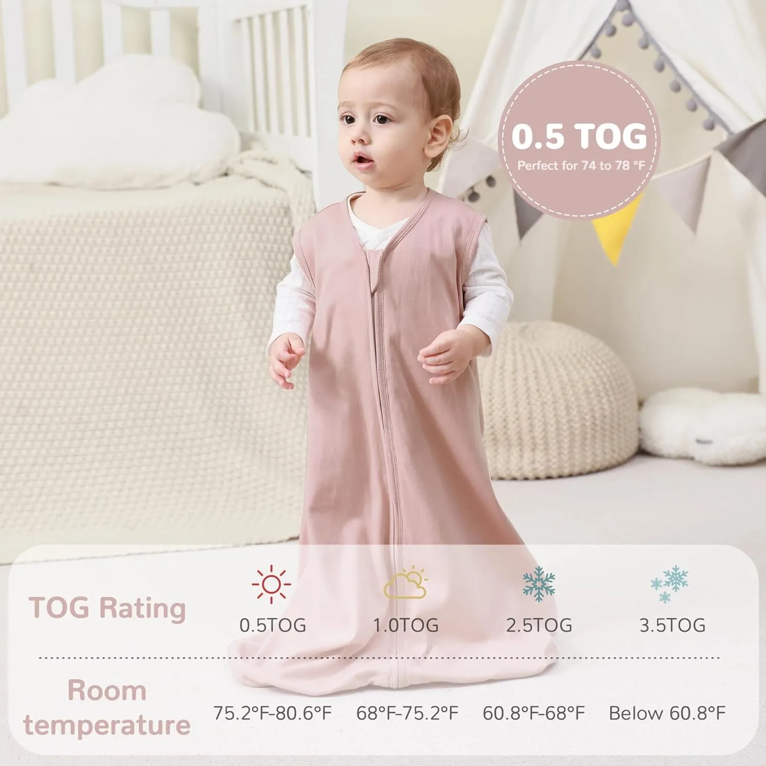 JELLYMONI Baby Sleep Sack 0-6 Months 100% Cotton Wearable Blanket, 0.5 TOG Soft Lightweight Toddler Sleeping Sack 3 Pack 2-Way Zipper Newborn Sleep Sacks