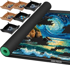 Jigsaw Puzzle Mat Roll Up, Portable Saver Pad 53.2” x 35” Up to 3000 Pieces, Puzzle Matt Rollup with Non-Slip Rubber Bottom & Smooth Top. (6 Sorting Trays & 1 Storage Bag)
