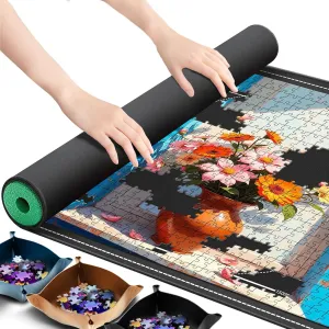 Jigsaw Puzzle Mat Roll Up,No Creases 41" x 24.5" Rubber Saver Pad Up to 1500 Pieces, Black Large Puzzel Matt Rollup with 6 Sorting Trays & 1 Storage Bag. Ideal for Holiday and Birthday