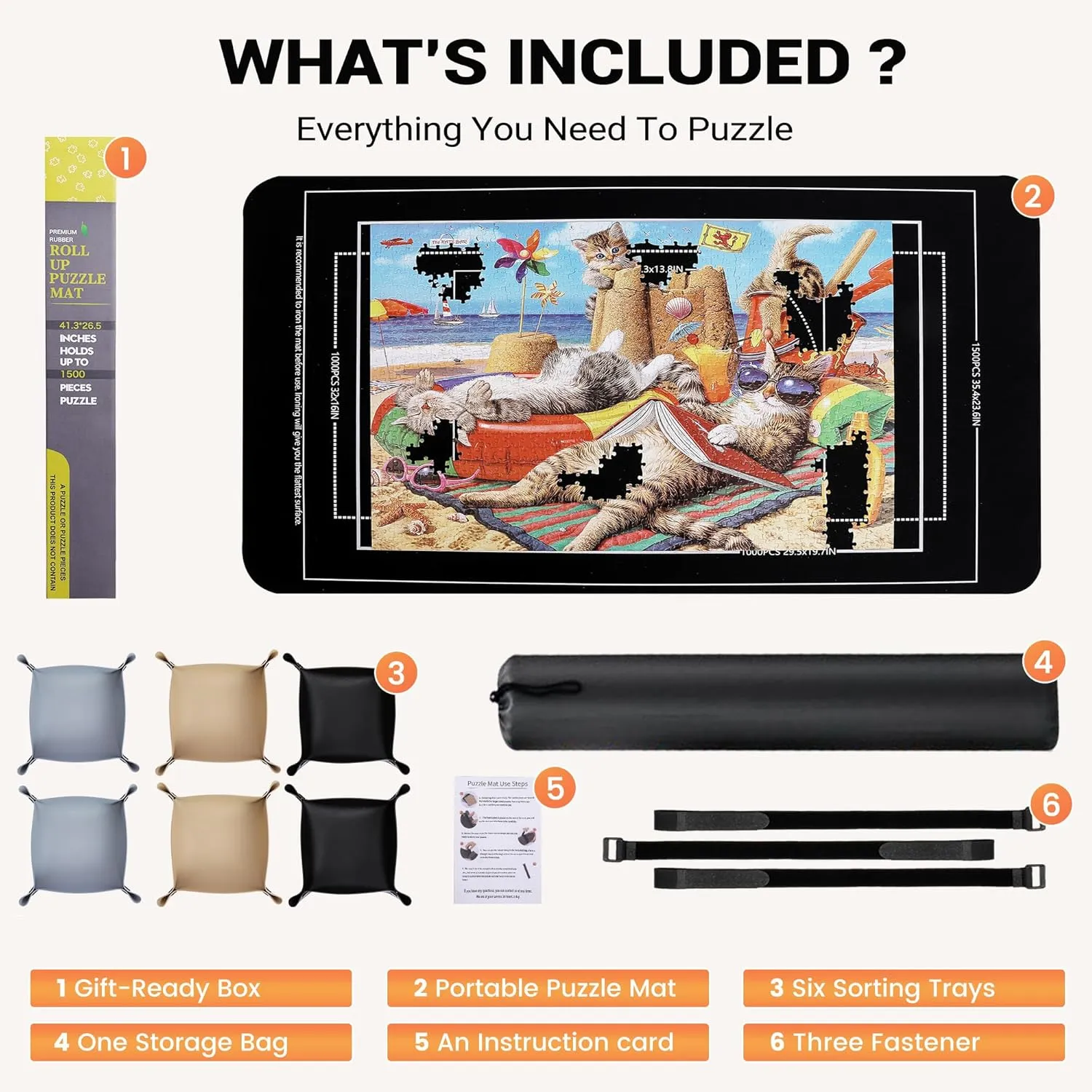 Jigsaw Puzzle Mat Roll Up,No Creases 41" x 24.5" Rubber Saver Pad Up to 1500 Pieces, Black Large Puzzel Matt Rollup with 6 Sorting Trays & 1 Storage Bag. Ideal for Holiday and Birthday