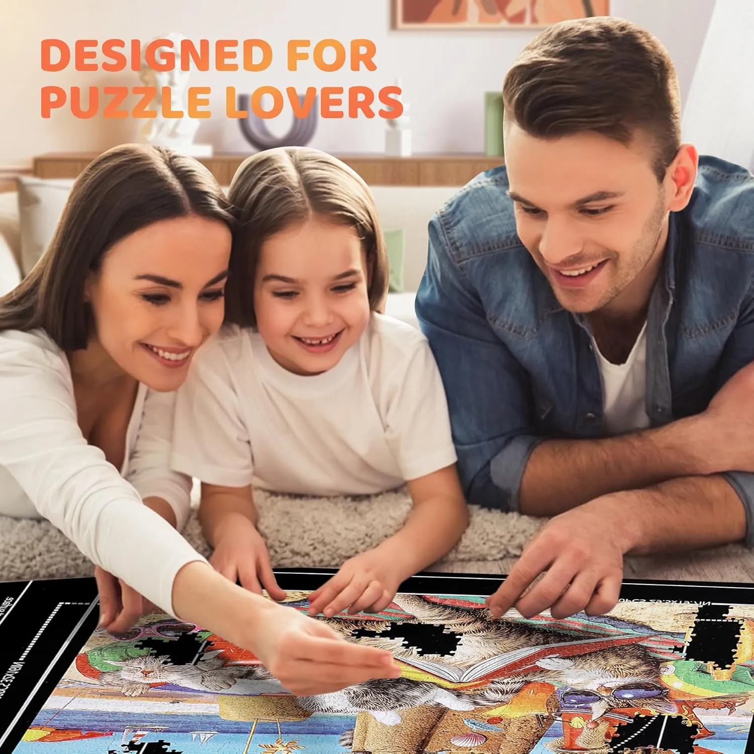 Jigsaw Puzzle Mat Roll Up,No Creases 41" x 24.5" Rubber Saver Pad Up to 1500 Pieces, Black Large Puzzel Matt Rollup with 6 Sorting Trays & 1 Storage Bag. Ideal for Holiday and Birthday
