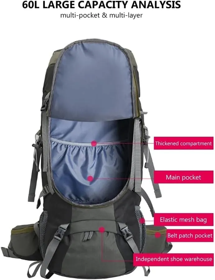 JSEIAJB 60L Large Hiking Mountaineering Backpack Climbing Hiking Backpack Camping Backpack Sport Outdoor Bag