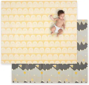 JumpOff Jo - Large Waterproof Foam Padded Play Mat for Infants, Babies, Toddlers, Play Pens & Tummy Time, Foldable Activity Mat, 70 in. x 59 in. - Hot Air Balloons & Yellow Rainbow