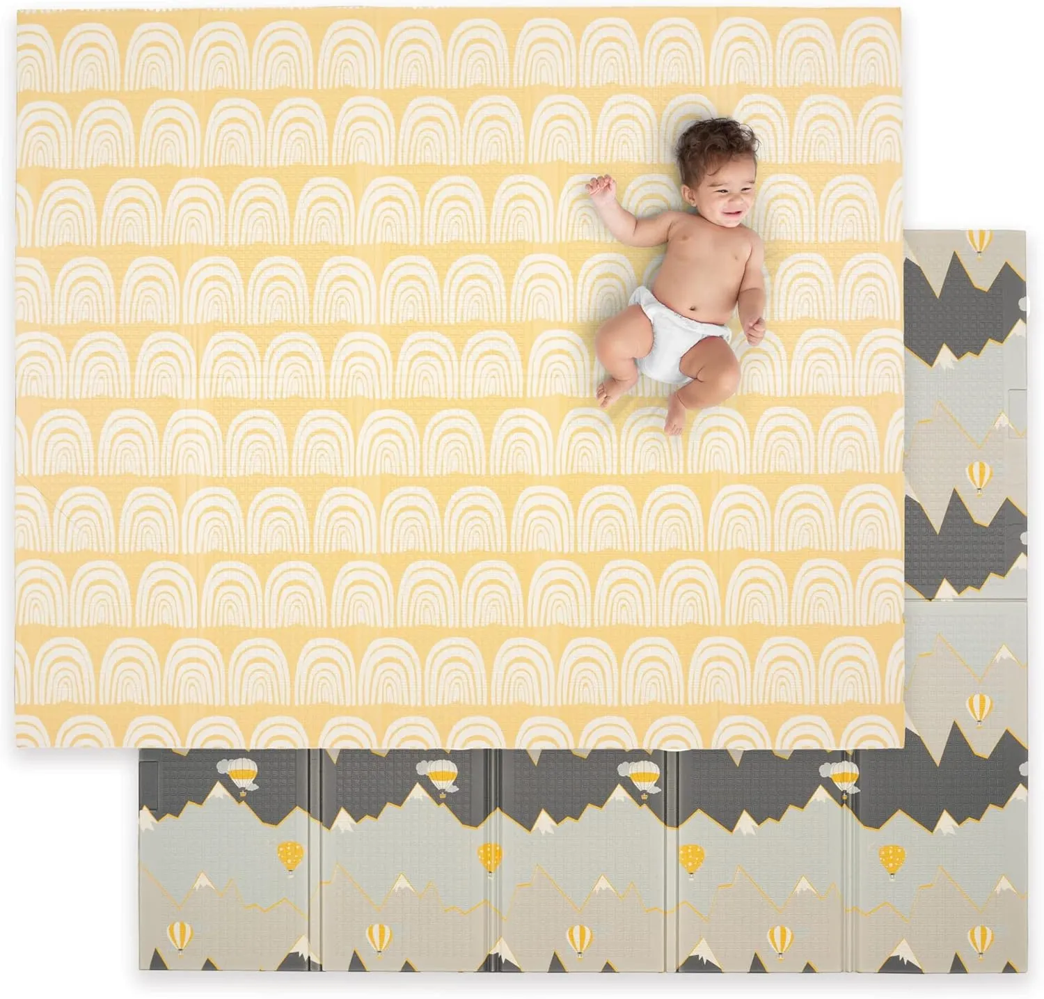 JumpOff Jo - Large Waterproof Foam Padded Play Mat for Infants, Babies, Toddlers, Play Pens & Tummy Time, Foldable Activity Mat, 70 in. x 59 in. - Hot Air Balloons & Yellow Rainbow