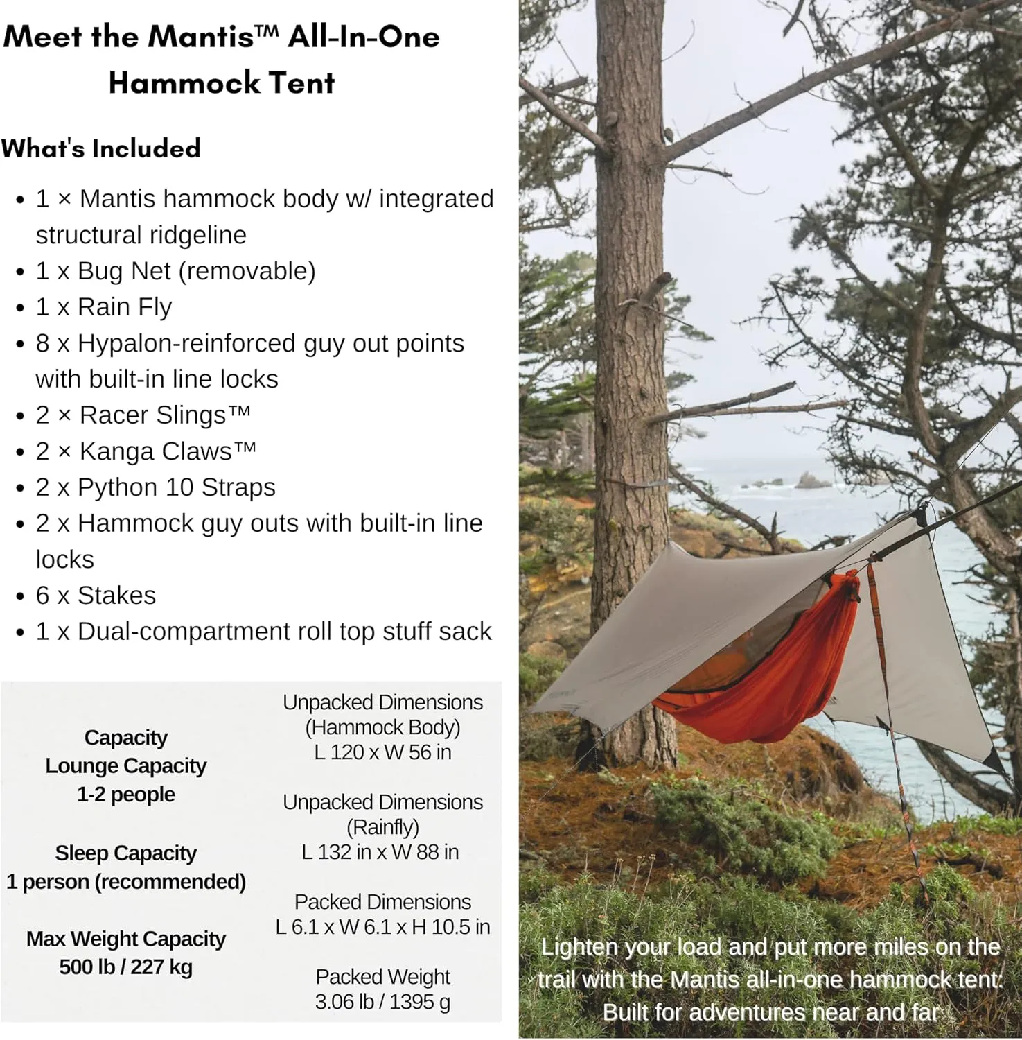 KAMMOK Mantis Hammock, All Seasons, Mosquito Net, Storage Bag, Camping, Outdoor Activities - Pine Green