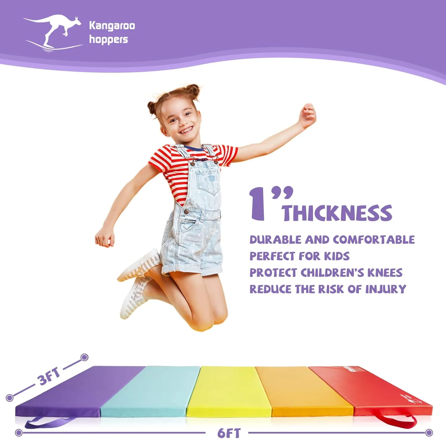 Kangaroo Hoppers Gymnastics Tumbling Mats for Kids, Foldable Gym Mat with Carrying Handles for Home Activity Play