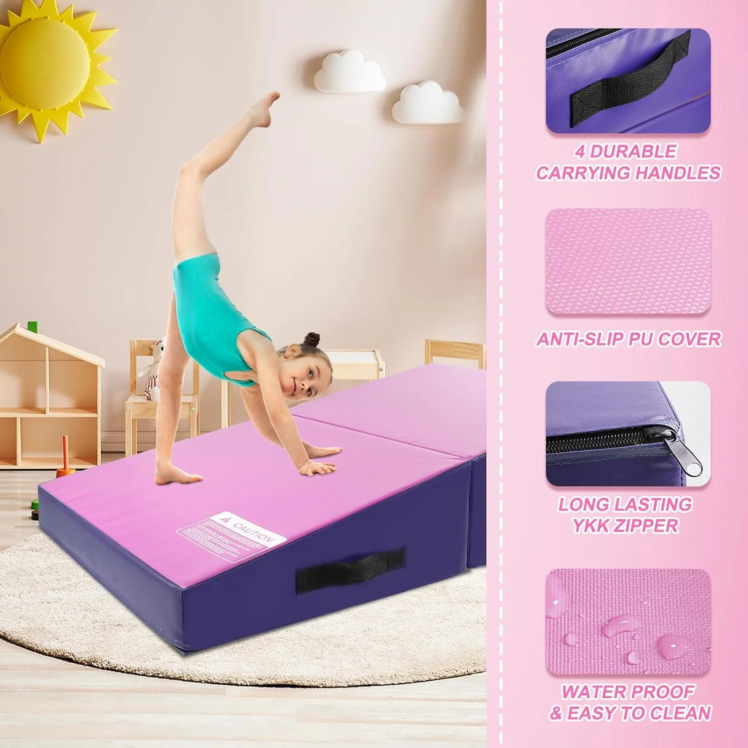 Kangaroo Hoppers Incline Gymnastics Mat, 48”x24”x14” / 56"x28"x15" / 34”x24”x13” Folding Wedge for Kids Tumbling, Skill Training, Multiple Colors Cheese Mat for Gymnastics, Home Gym Exercise