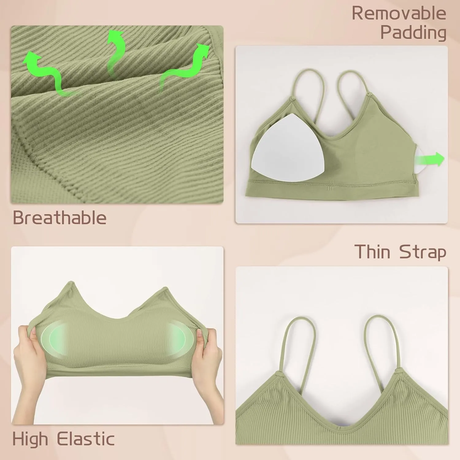 KCDDUMK 4 Pieces Cami Bras - Women's V-Neck Padded Seamless Straps Bralette Everyday Basic Sleeping Bra