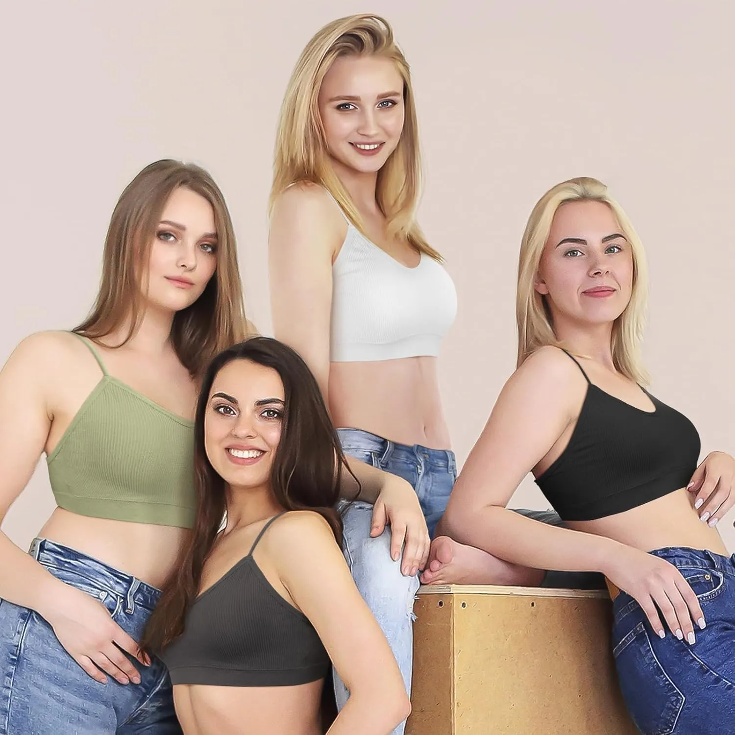 KCDDUMK 4 Pieces Cami Bras - Women's V-Neck Padded Seamless Straps Bralette Everyday Basic Sleeping Bra