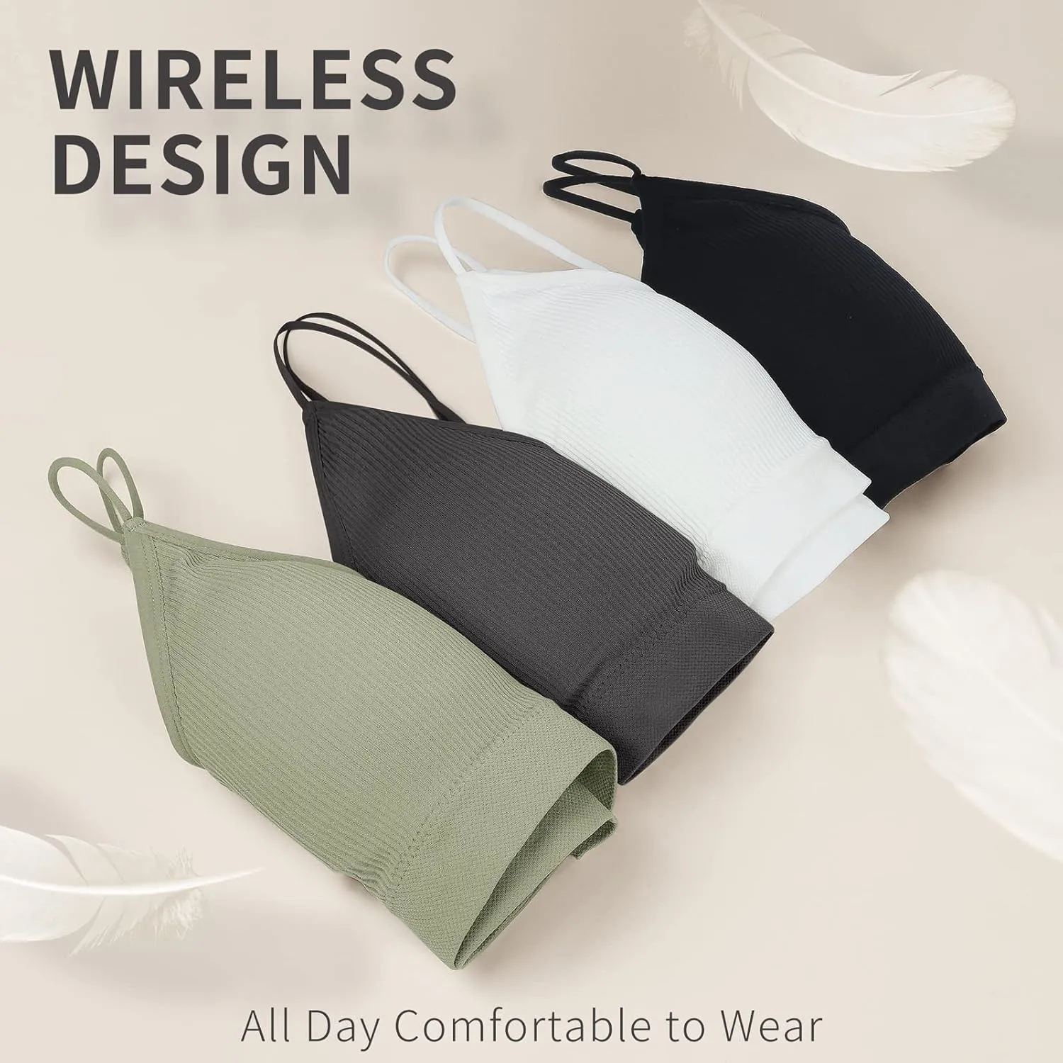 KCDDUMK 4 Pieces Cami Bras - Women's V-Neck Padded Seamless Straps Bralette Everyday Basic Sleeping Bra