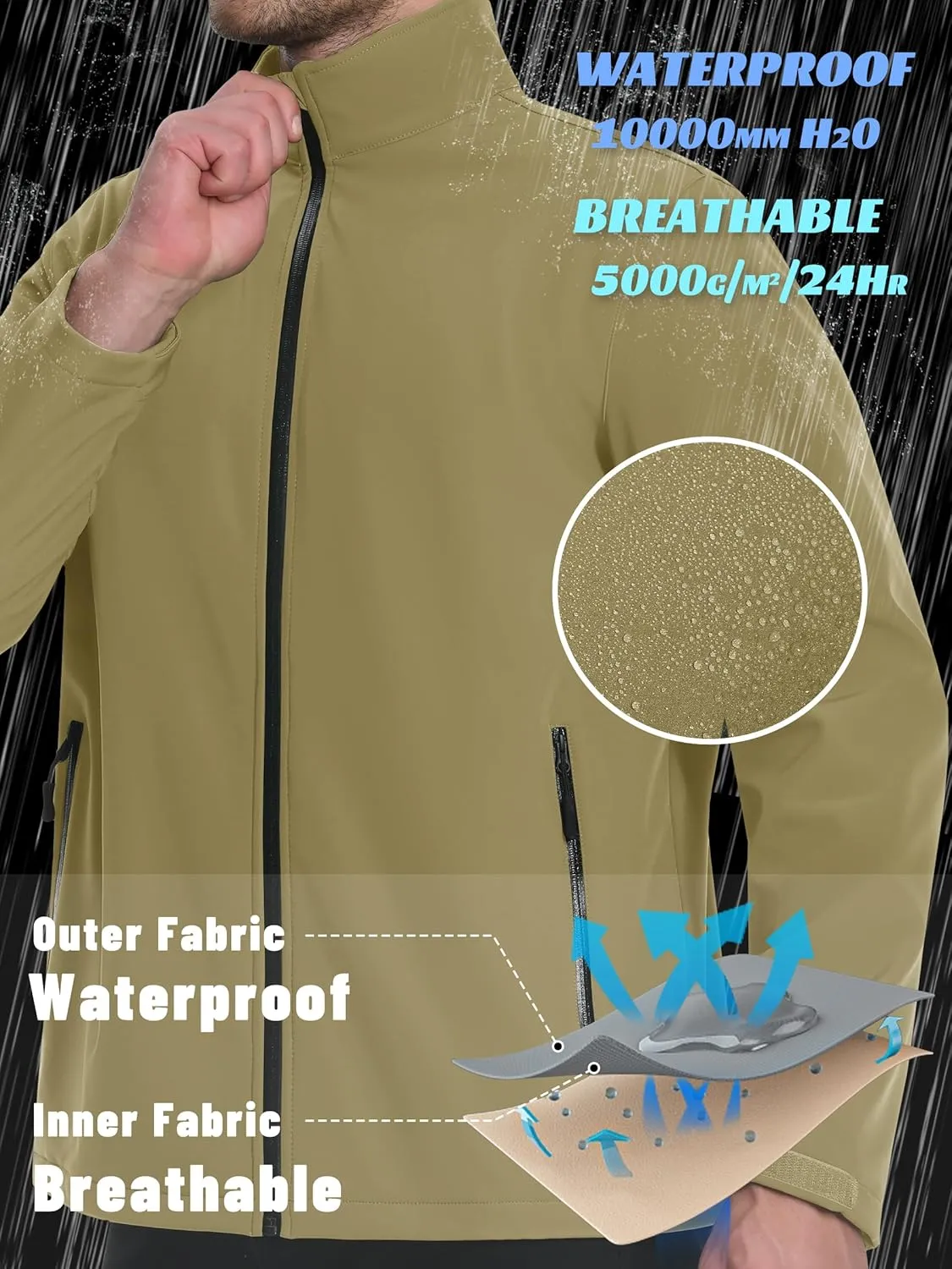 KEFITEVD Men's Tactical Jacket Fleece Lined Softshell Jackets Waterproof Stand Collar Jacket Outdoor Hunting Coat
