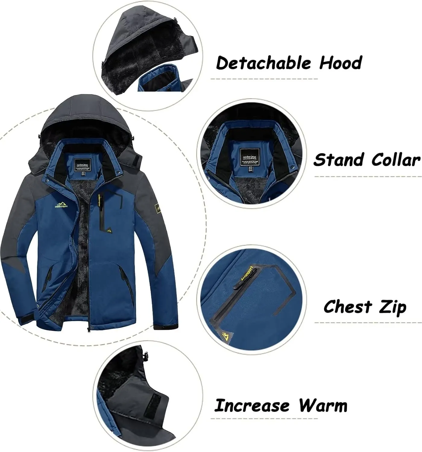 KEFITEVD Men's Waterproof Ski Snow Jacket Snowboarding Jackets Windproof Fleece Warm Heavy Hooded Coat Mountain Rain Jacket
