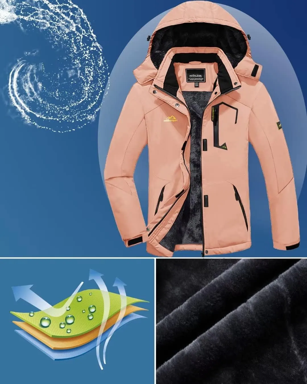KEFITEVD Women's Waterproof Ski Snow Jacket Snowboarding Jackets Windproof Fleece Warm Heavy Hooded Coat Mountain Rain Jacket