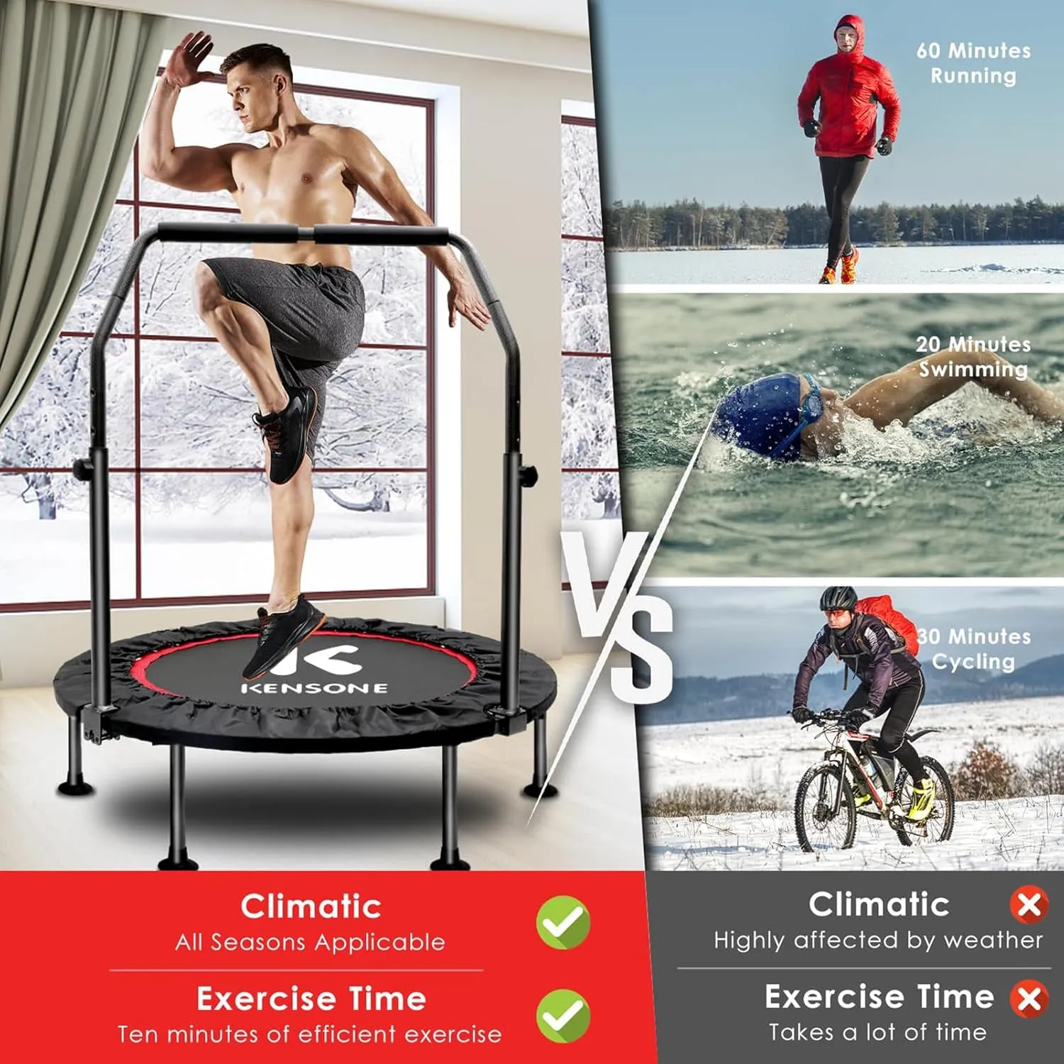 KENSONE 40"/48" Foldable Mini Trampoline, Indoor Trampoline for Kids, Adults Indoor/Garden Workout, Fitness Rebounder with Adjustable Foam Handle, Max Load 330/450 lbs
