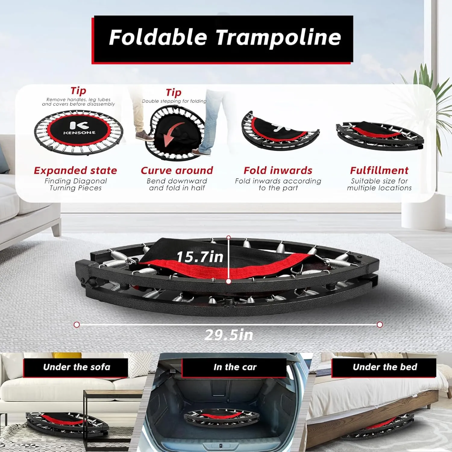 KENSONE 40"/48" Foldable Mini Trampoline, Indoor Trampoline for Kids, Adults Indoor/Garden Workout, Fitness Rebounder with Adjustable Foam Handle, Max Load 330/450 lbs
