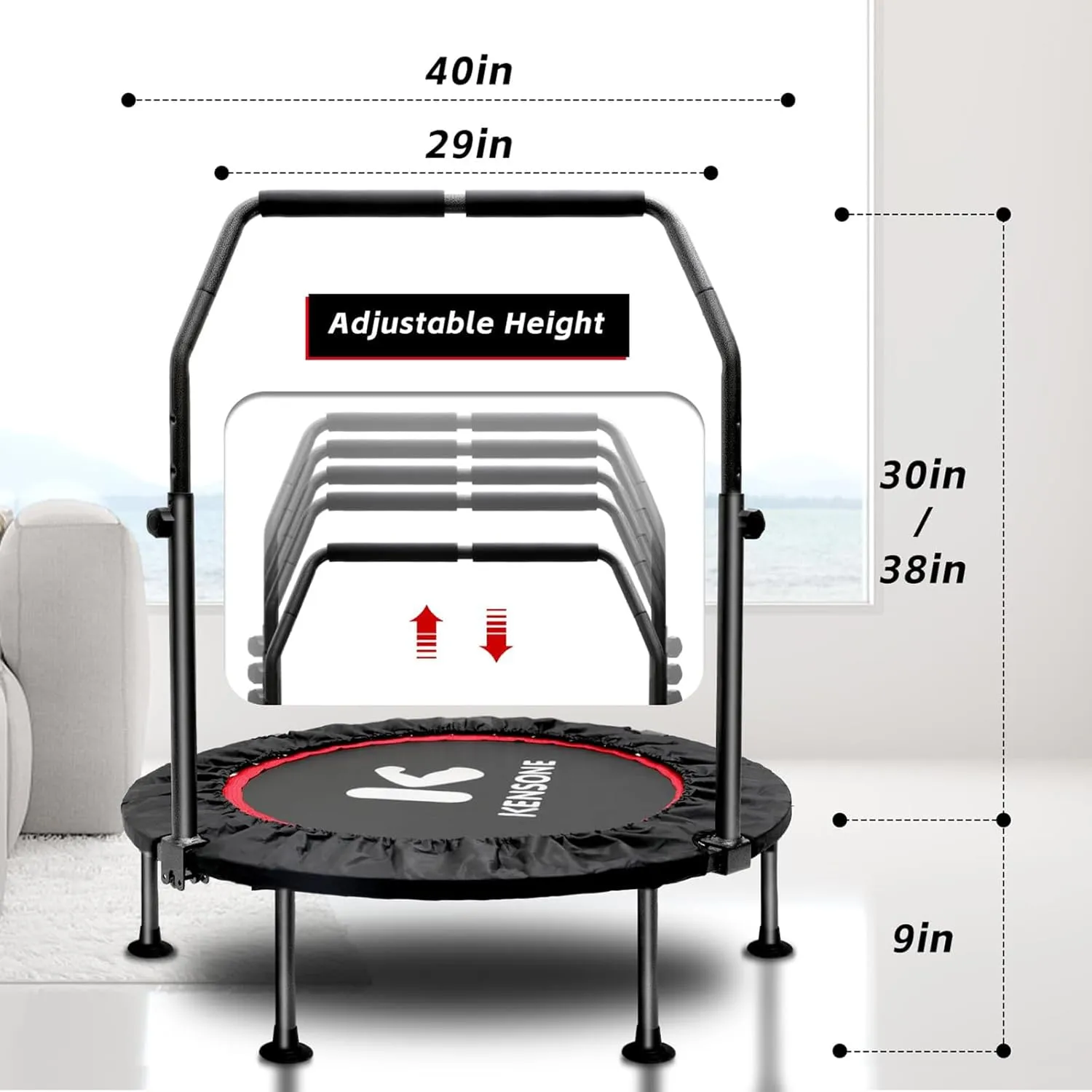KENSONE 40"/48" Foldable Mini Trampoline, Indoor Trampoline for Kids, Adults Indoor/Garden Workout, Fitness Rebounder with Adjustable Foam Handle, Max Load 330/450 lbs
