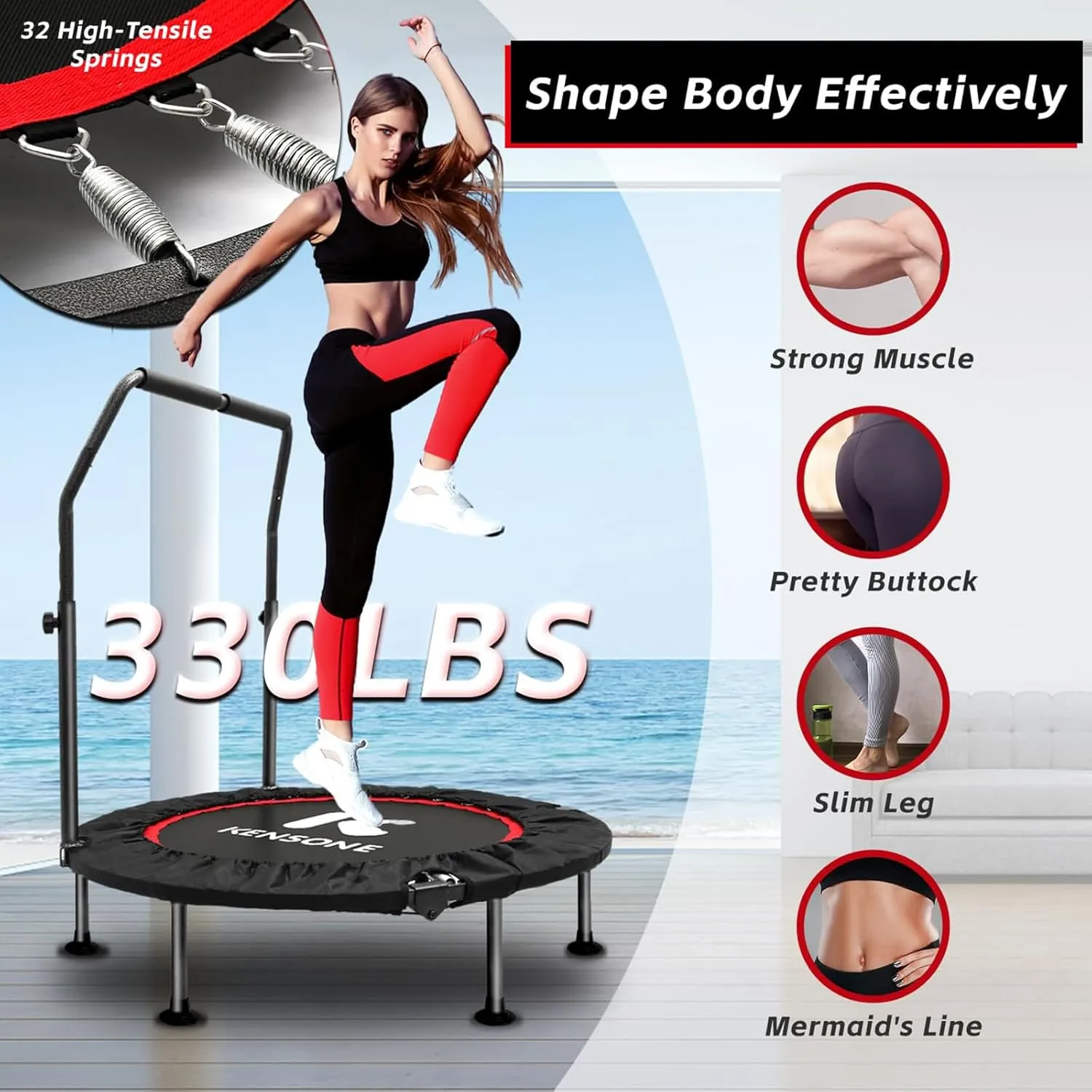 KENSONE 40"/48" Foldable Mini Trampoline, Indoor Trampoline for Kids, Adults Indoor/Garden Workout, Fitness Rebounder with Adjustable Foam Handle, Max Load 330/450 lbs